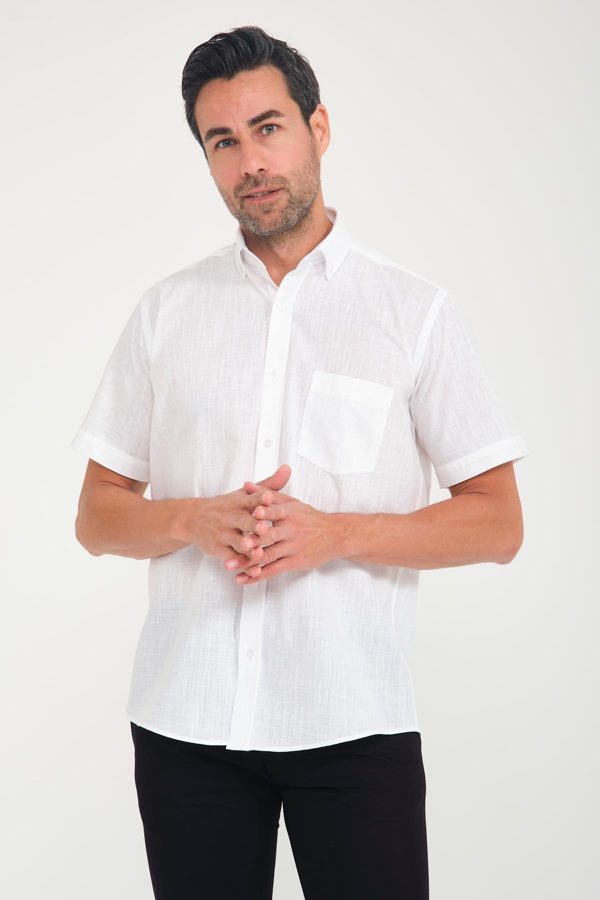 Klasik Kısa Kol Linen Keten Yaka Düğmeli Hediye Kutulu Erkek Gömlek FS-001202 - Ekru