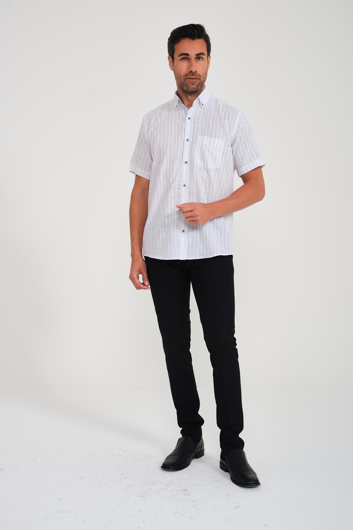 Klasik Kısa Kol Armür Çizgili Flam Keten Düğmeli Yaka Hediye Kutulu Erkek Gömlek FS-000678 - Beyaz Açık Mavi