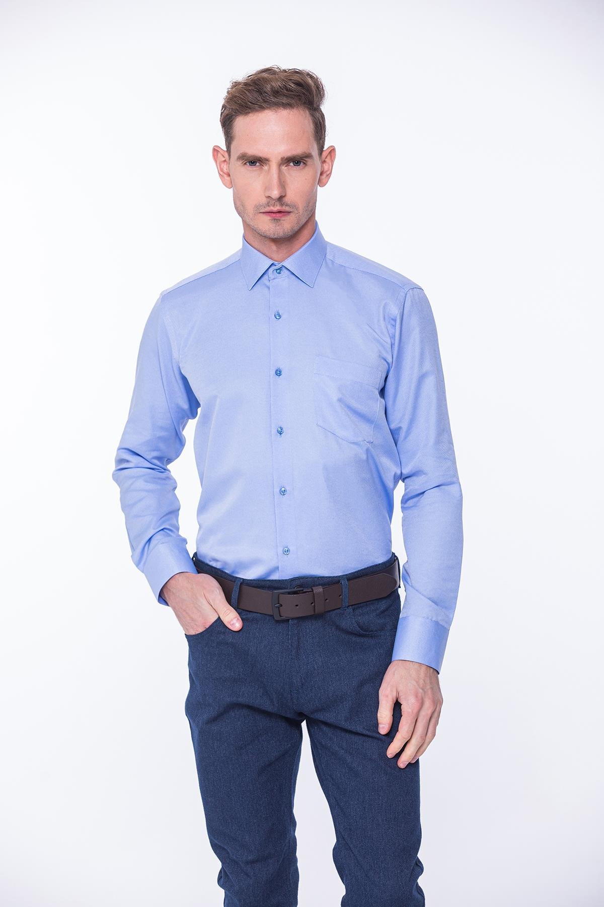 Klasik Uzun Kol Oxford Hediye Kutulu Kolay Ütülenebilir Erkek Gömlek FS-001254 - Mavi