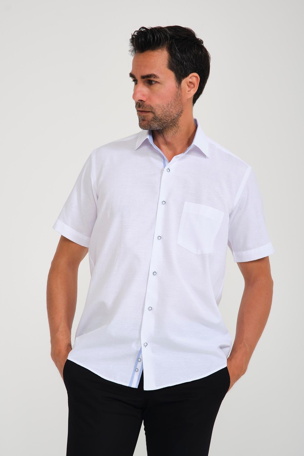 Klasik Kısa Kol Neon Çiçek Armür Hediye Kutulu Erkek Gömlek FS-001214 - Beyaz