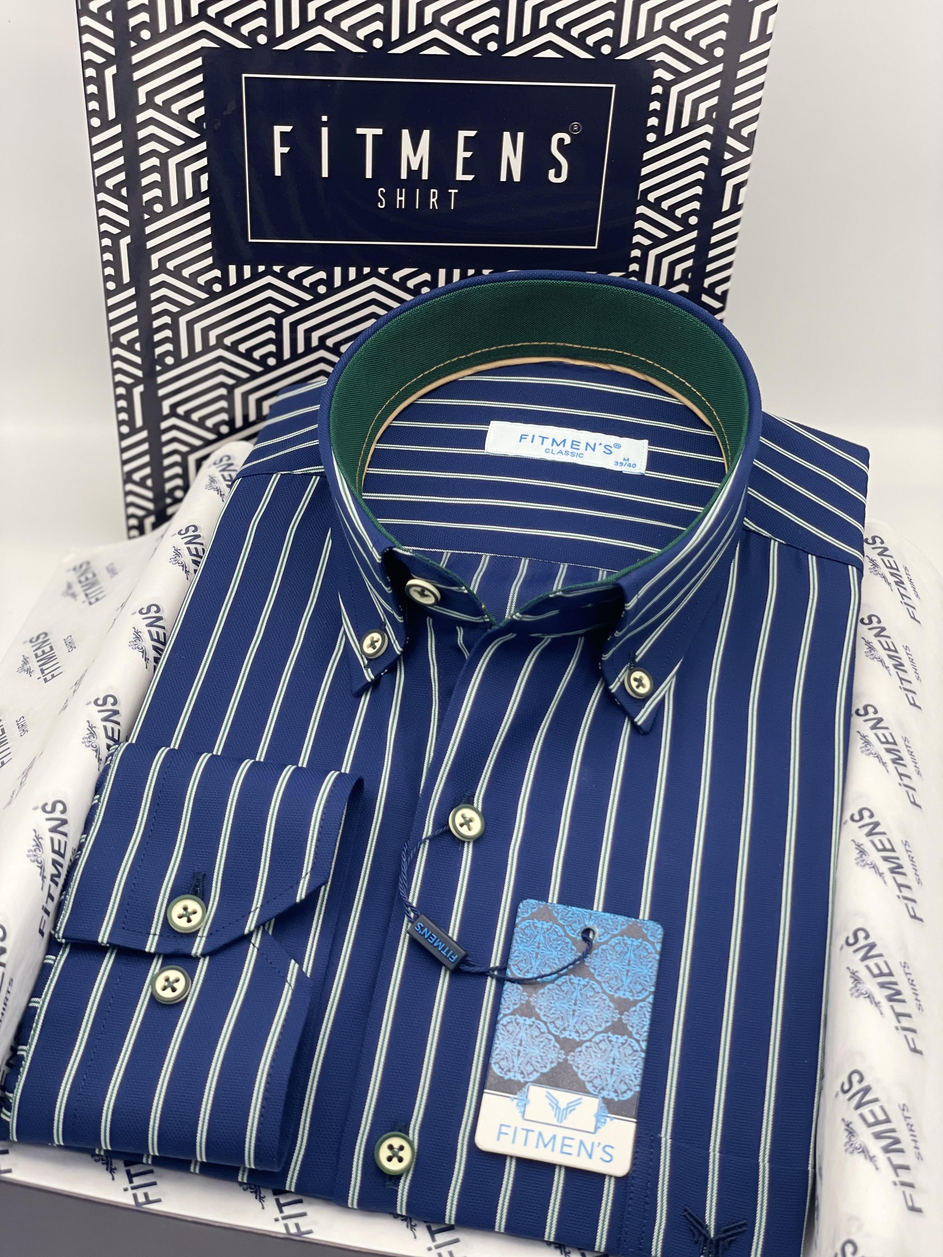 Klasik Geniş Kesim Uzun Kol Elegance Çizgili Yaka Düğmeli Hediye Kutulu Erkek Gömlek FS-004340 - Lacivert Yeşil