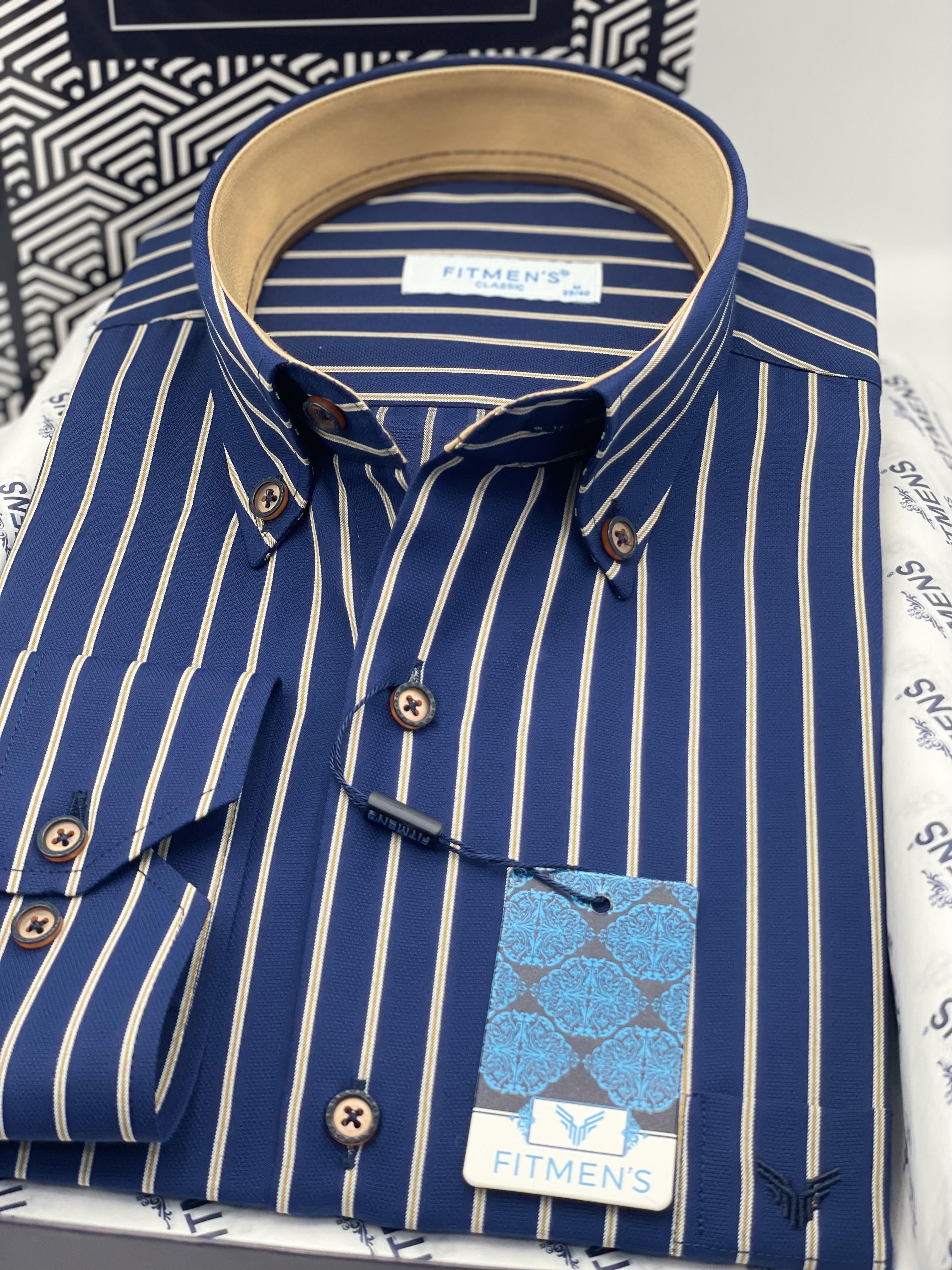 Klasik Geniş Kesim Uzun Kol Elegance Çizgili Yaka Düğmeli Hediye Kutulu Erkek Gömlek FS-004340 - Lacivert Hardal