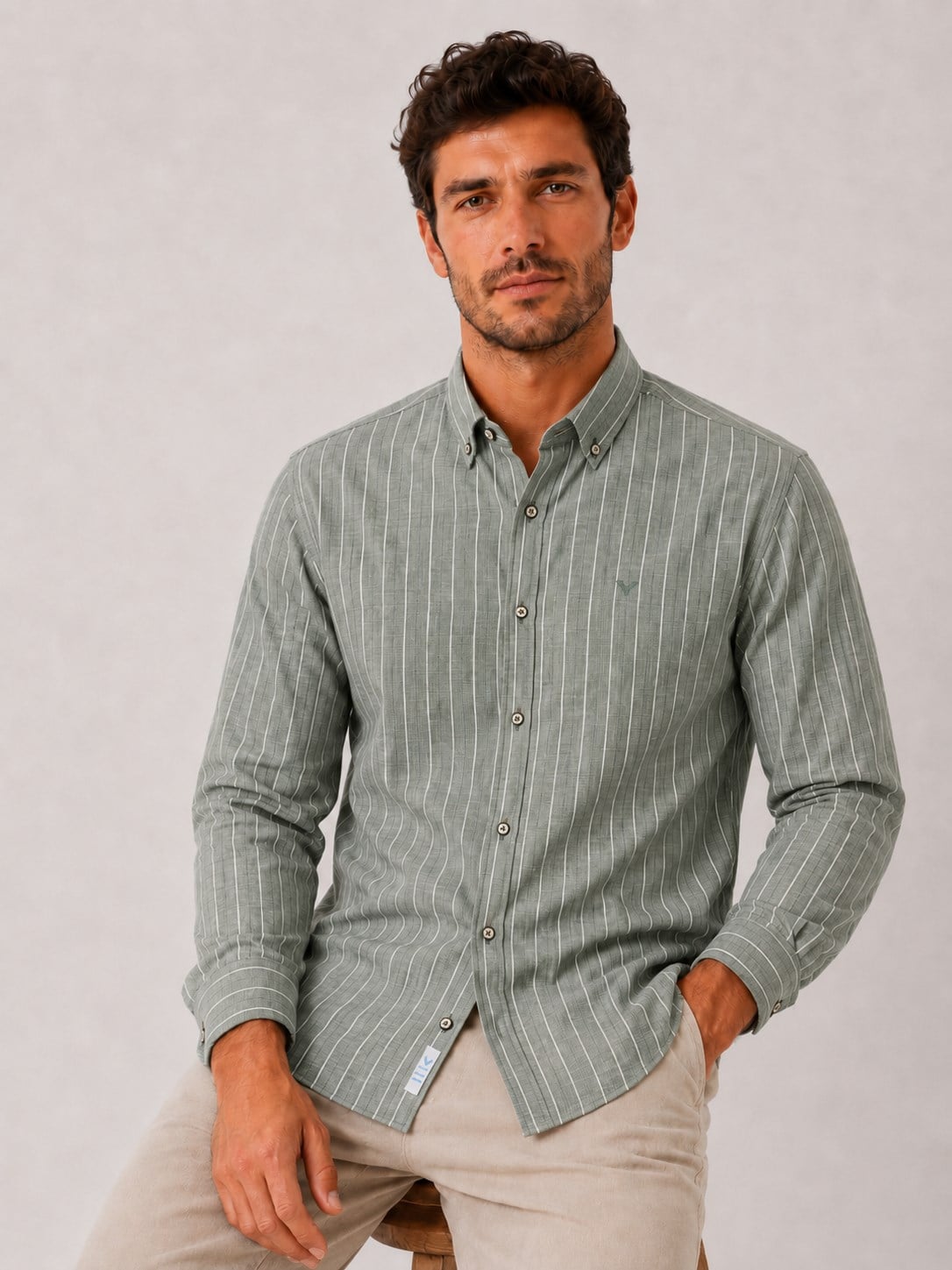 Slim Fit Uzun Kol Çizgili Cepsiz Keten Likra Hediye Kutulu Erkek Gömlek FS-004579 - Yeşil