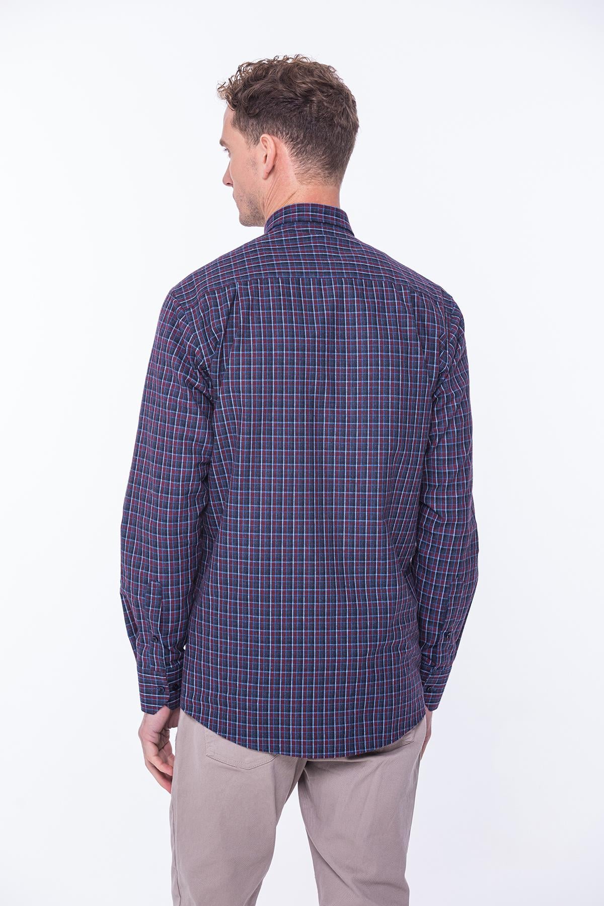 Klasik Uzun Kol Kışlık %100 Cotton Kareli Yaka Alttan Düğmeli Hediye Kutulu Erkek Gömlek FS-001984 - Bordo