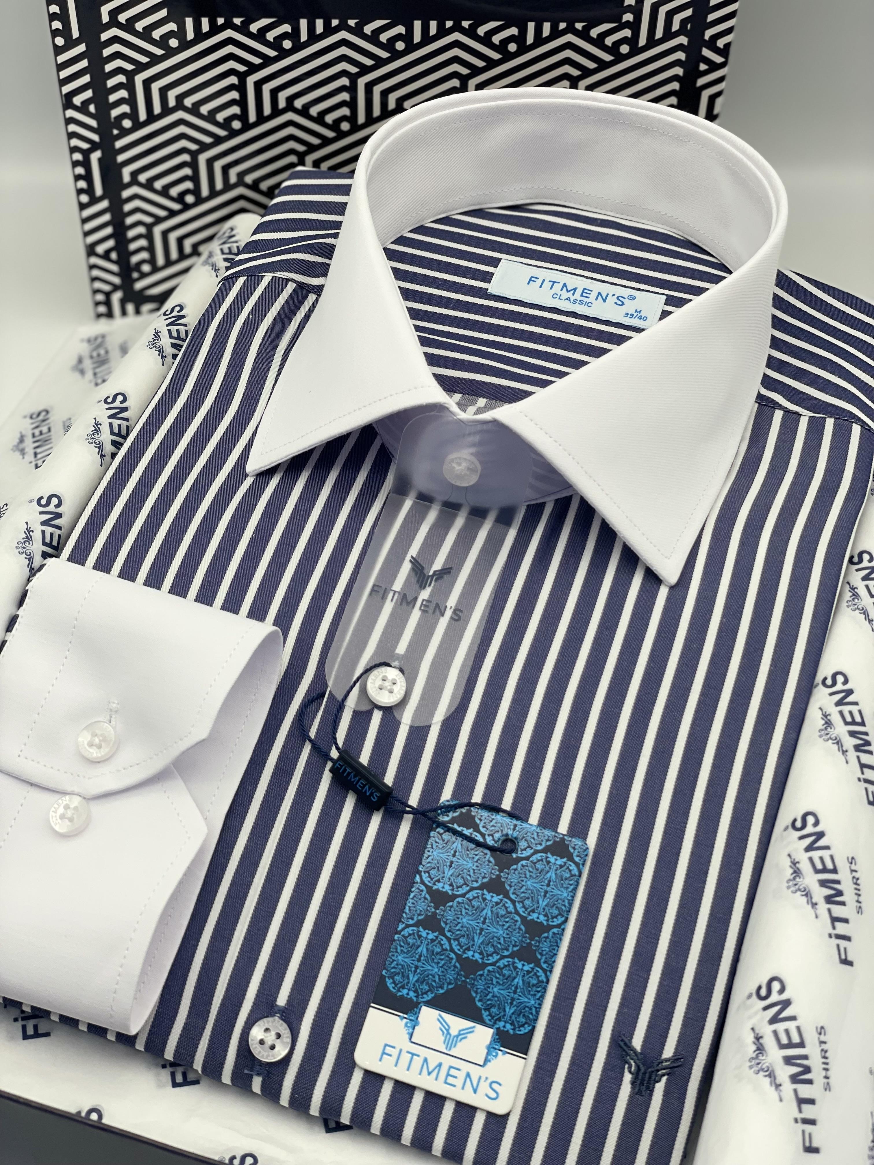 Klasik Uzun Kol Cepsiz Yaka Manşet Beyaz Hediye Kutulu Erkek Gömlek FS-004328 - Lacivert Beyaz