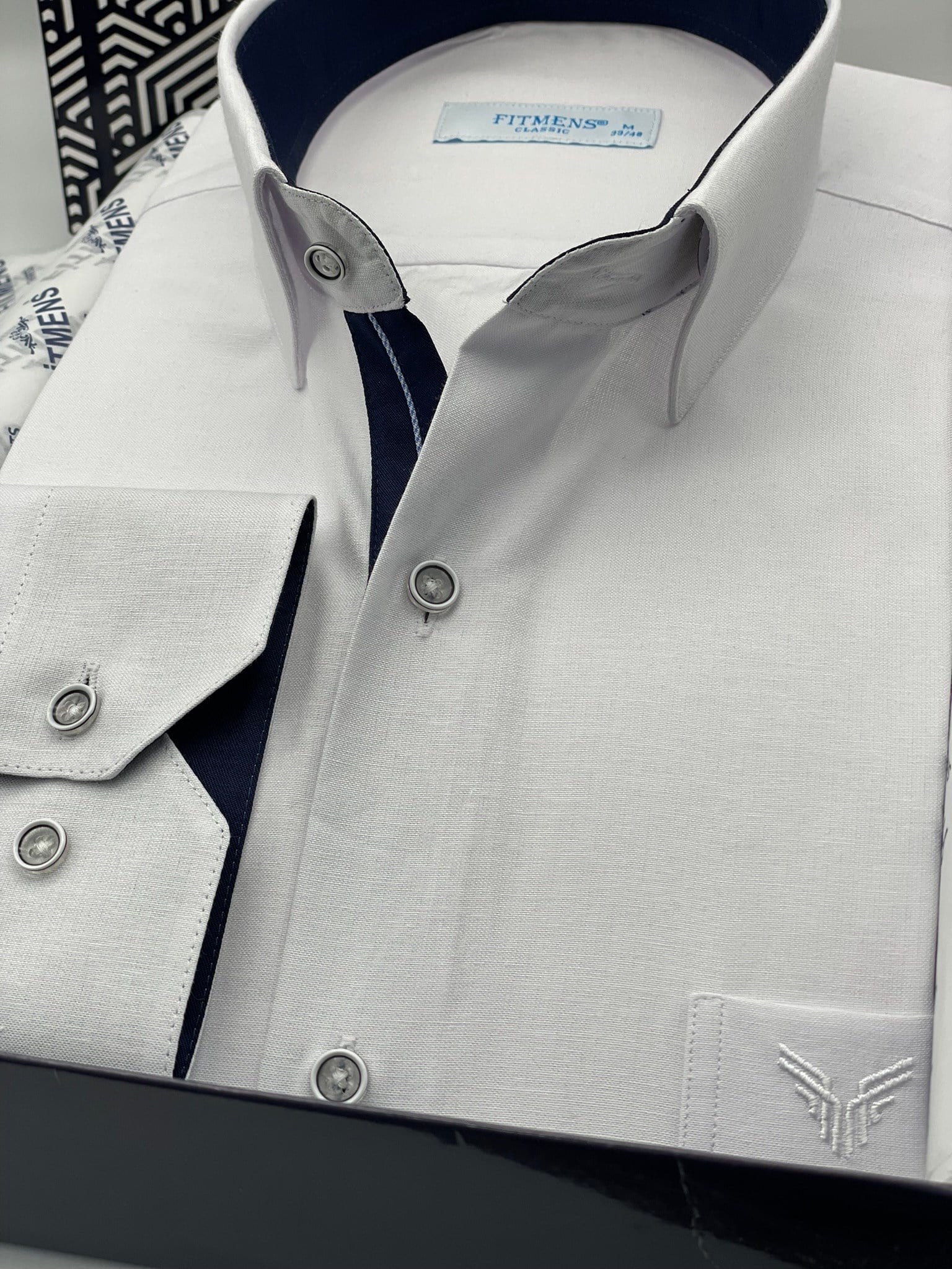 Klasik Uzun Kol Keten Cotton Hediye Kutulu Erkek Gömlek FS-001261 - Beyaz Lacivert