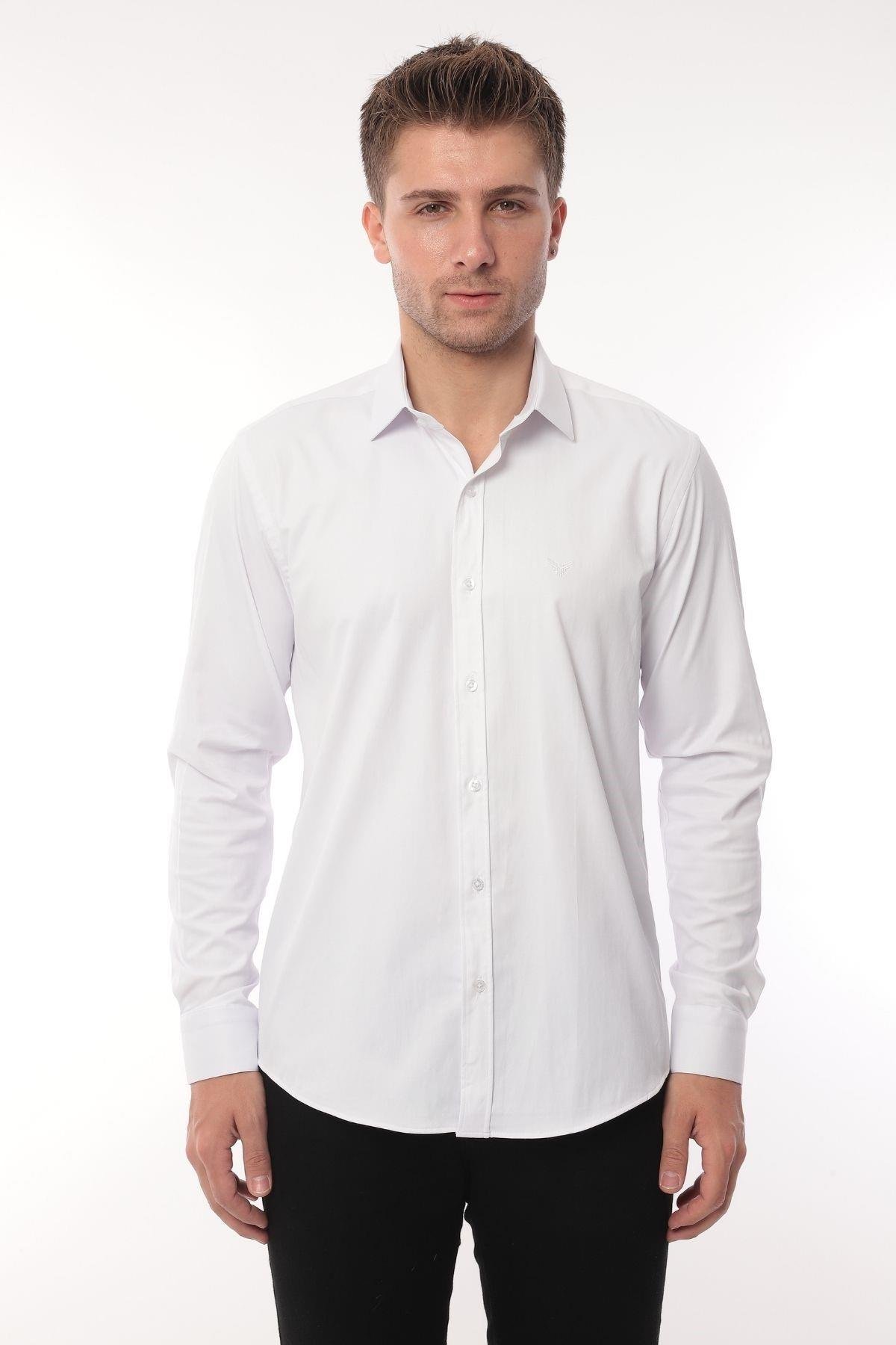 Slim Fit Uzun Kol Likralı Hediye Kutulu Kolay Ütülenebilir Erkek Gömlek FS-002969 - Beyaz