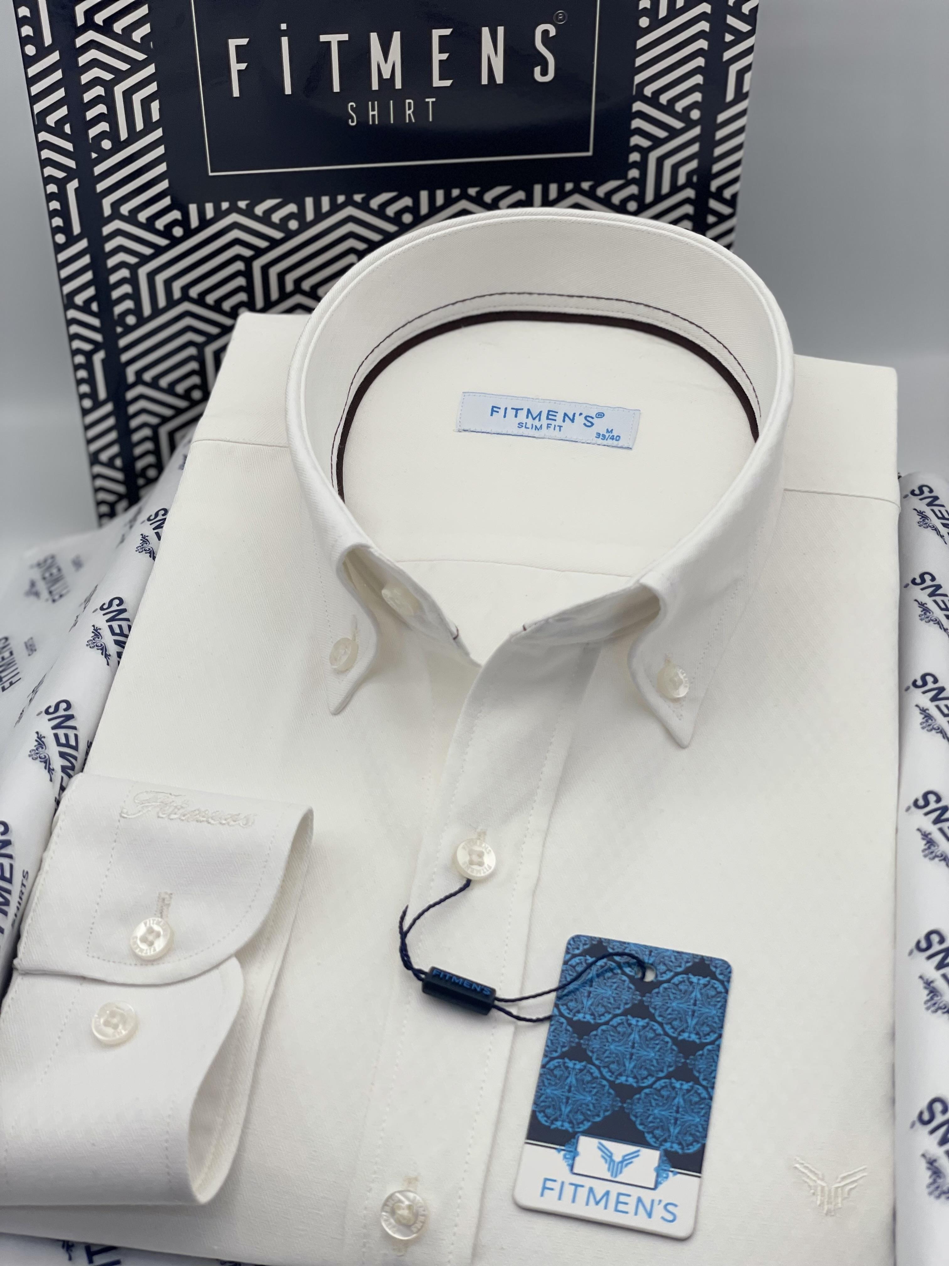 Slim Fit Uzun Kol Baklava Desen Kol Nakışlı Yaka Düğmeli Hediye Kutulu Şık Erkek Gömlek FS-004200 - Krem