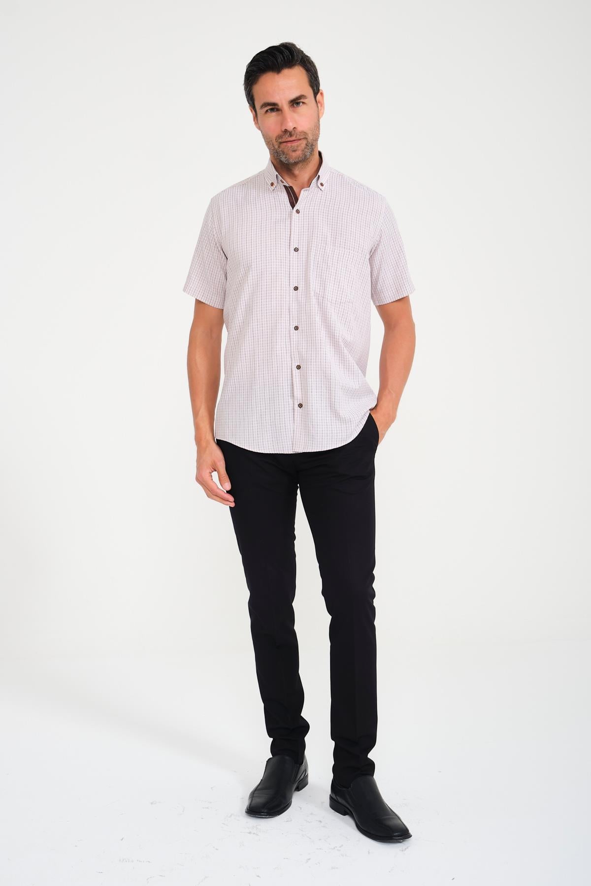 Klasik Kısa Kol Neon Kare Yaka Düğmeli Hediye Kutulu Erkek Gömlek FS-001221 - Bej