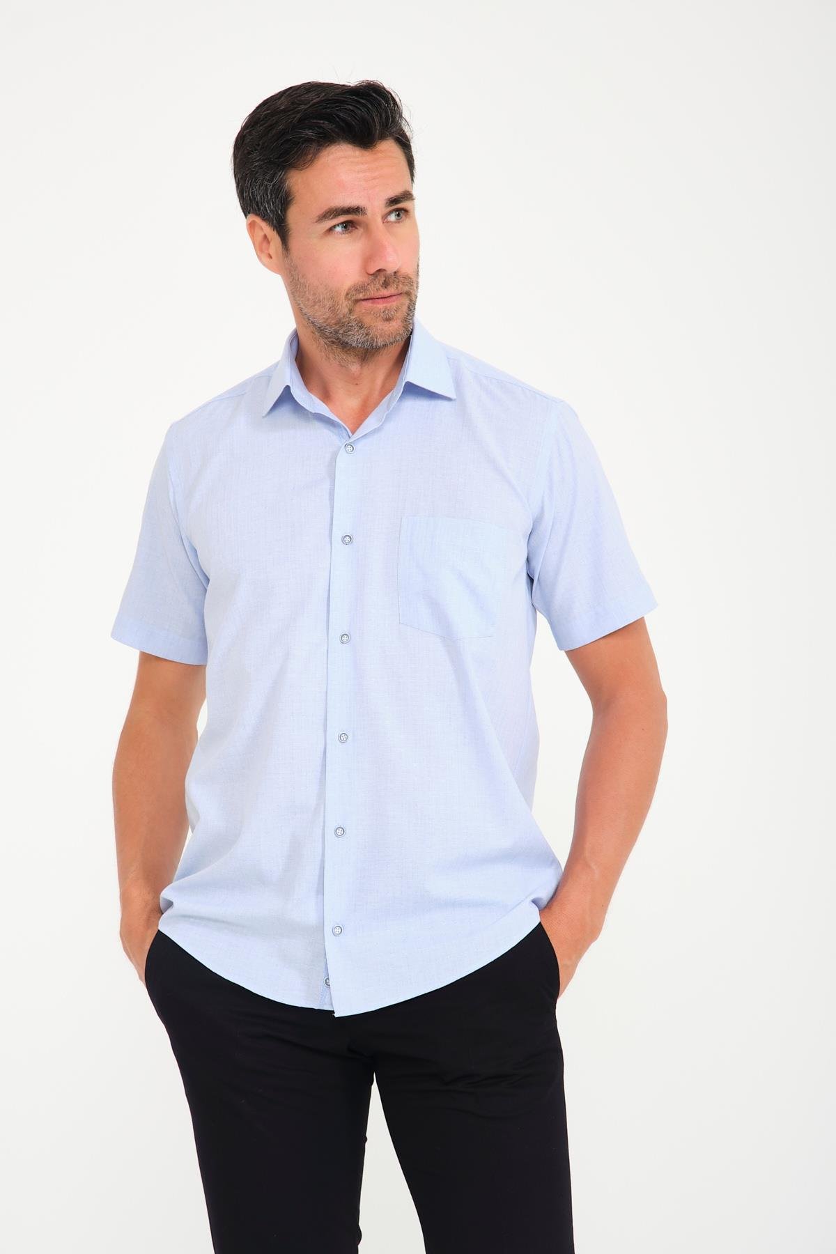 Klasik Kısa Kol Neon Çiçek Armür Hediye Kutulu Erkek Gömlek FS-001214 - Açık Mavi