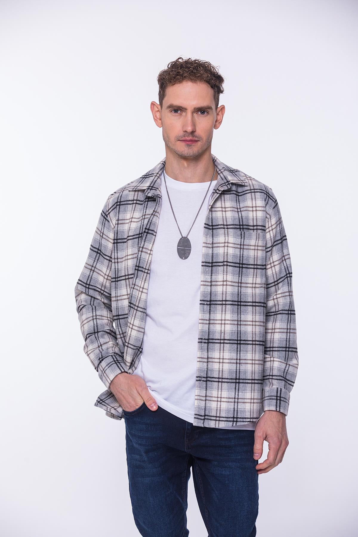 Oversize Oduncu Yumuşak Dokulu %100 Cotton Kareli Hediye Kutulu Erkek Gömlek FS-002200 - Gri