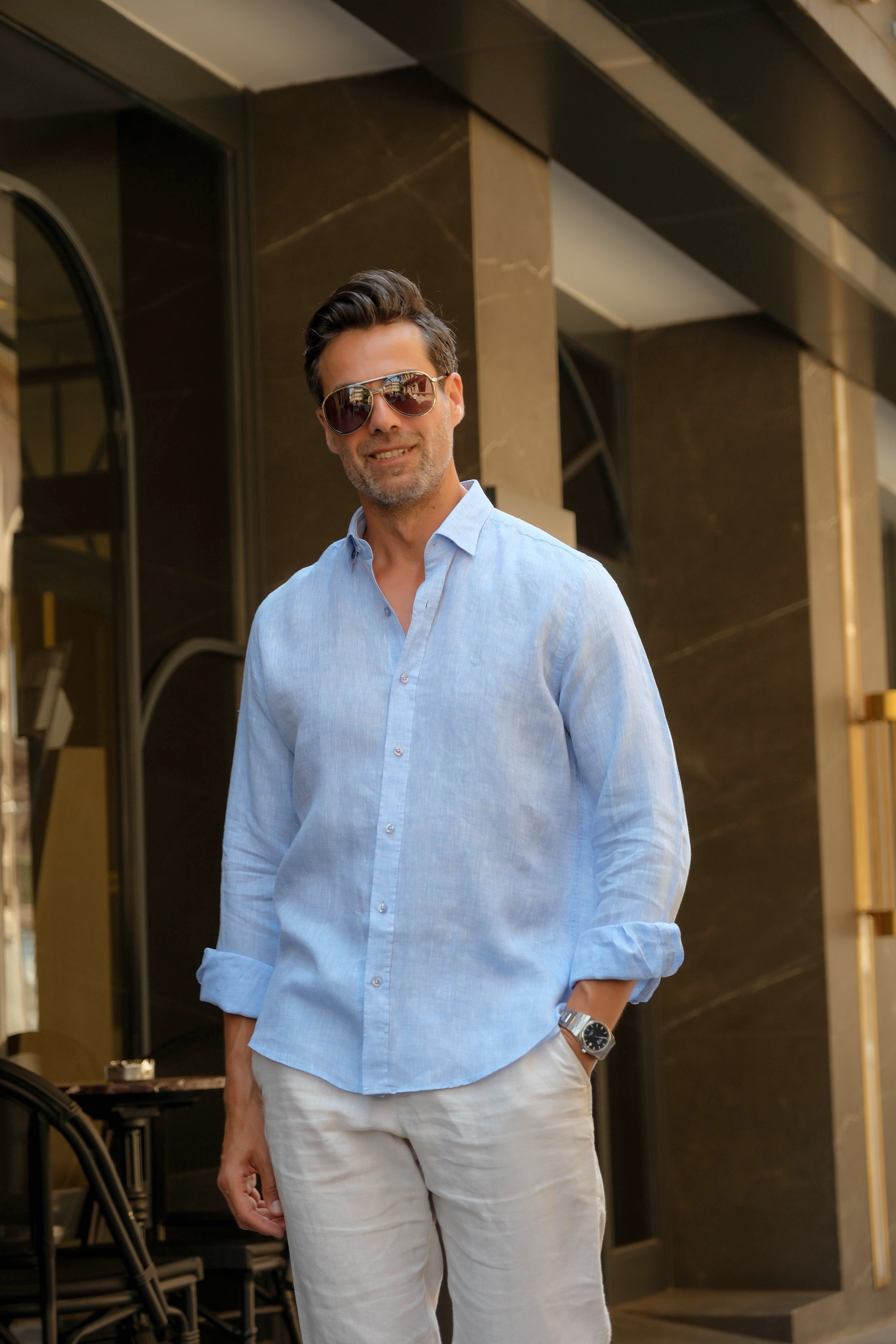 Slim Fit Uzun Kol %100 Keten Nefes Alabilen Kumaştan Hediye Kutulu Erkek Gömlek FS-004170 - Mavi