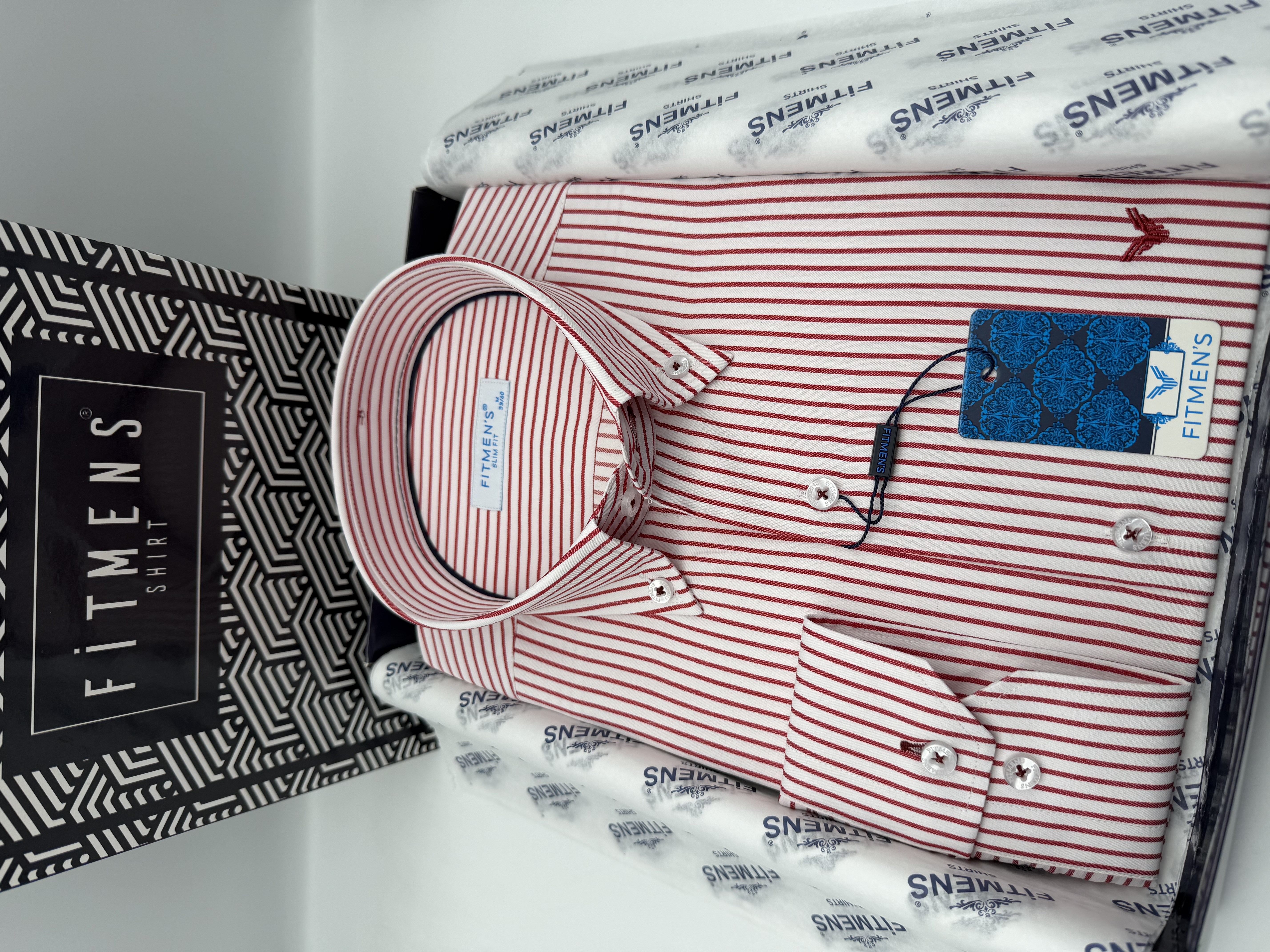 Slim Fit Uzun Kol Premium Çizgili Yaka Düğmeli Hediye Kutulu Erkek Gömlek FS-004440 - Bordo