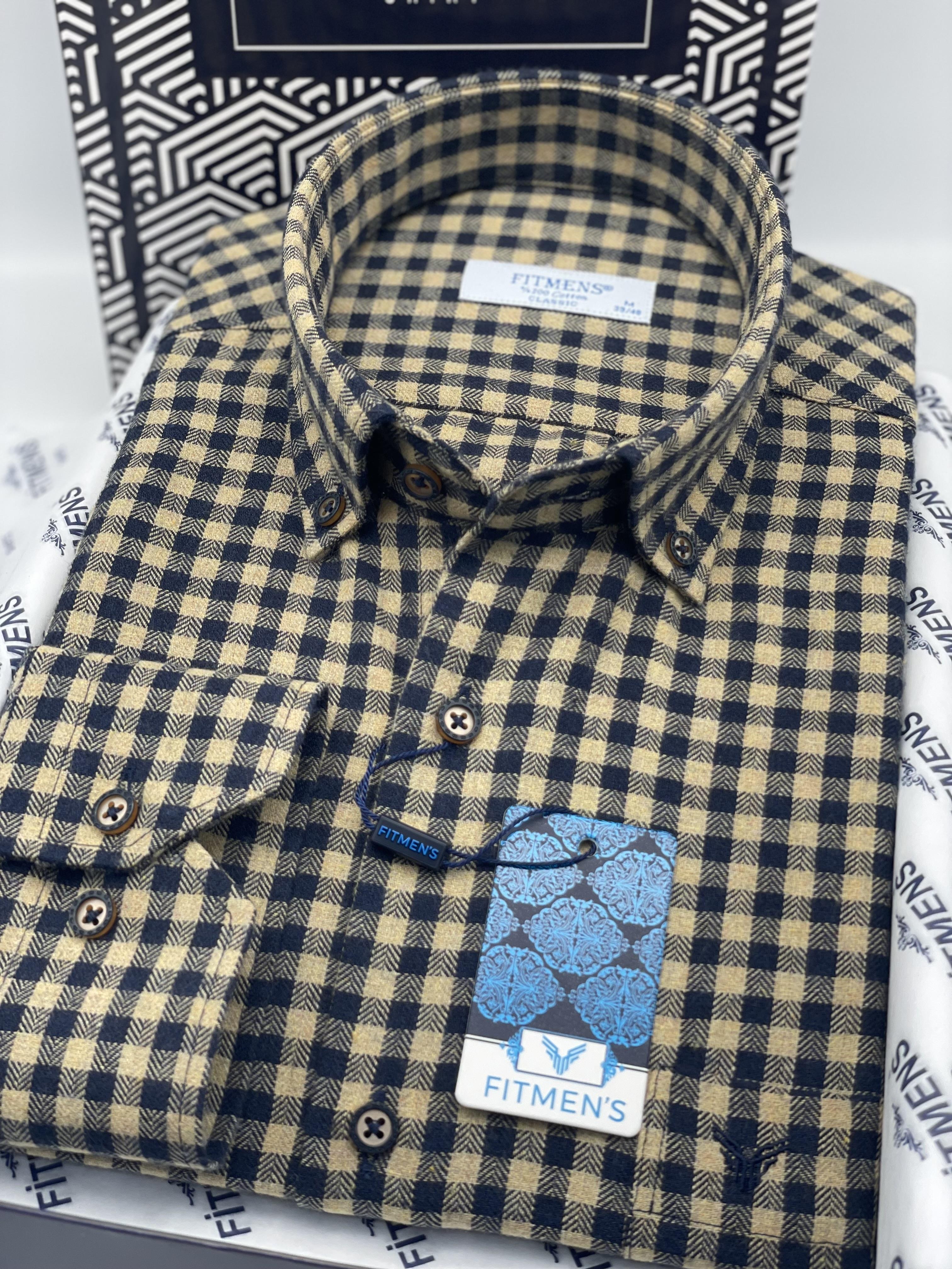 Klasik Uzun Kol Kışlık %100 Cotton Kareli Yaka Düğmeli Pamuklu Hediye Kutulu Erkek Gömlek FS-003128 - Kahverengi