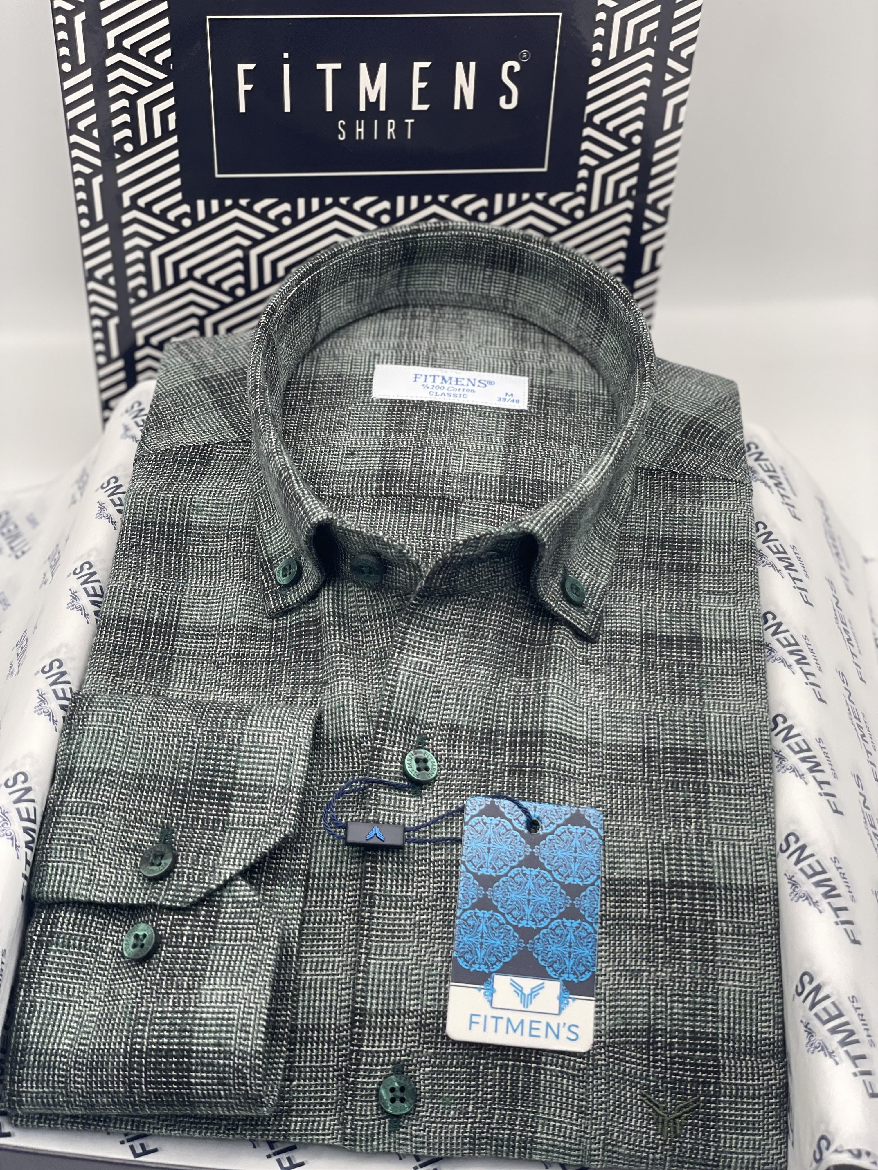 Klasik Uzun Kol Kışlık %100 Cotton Kareli Yaka Düğmeli Hediye Kutulu Erkek Gömlek FS-003135 - Yeşil
