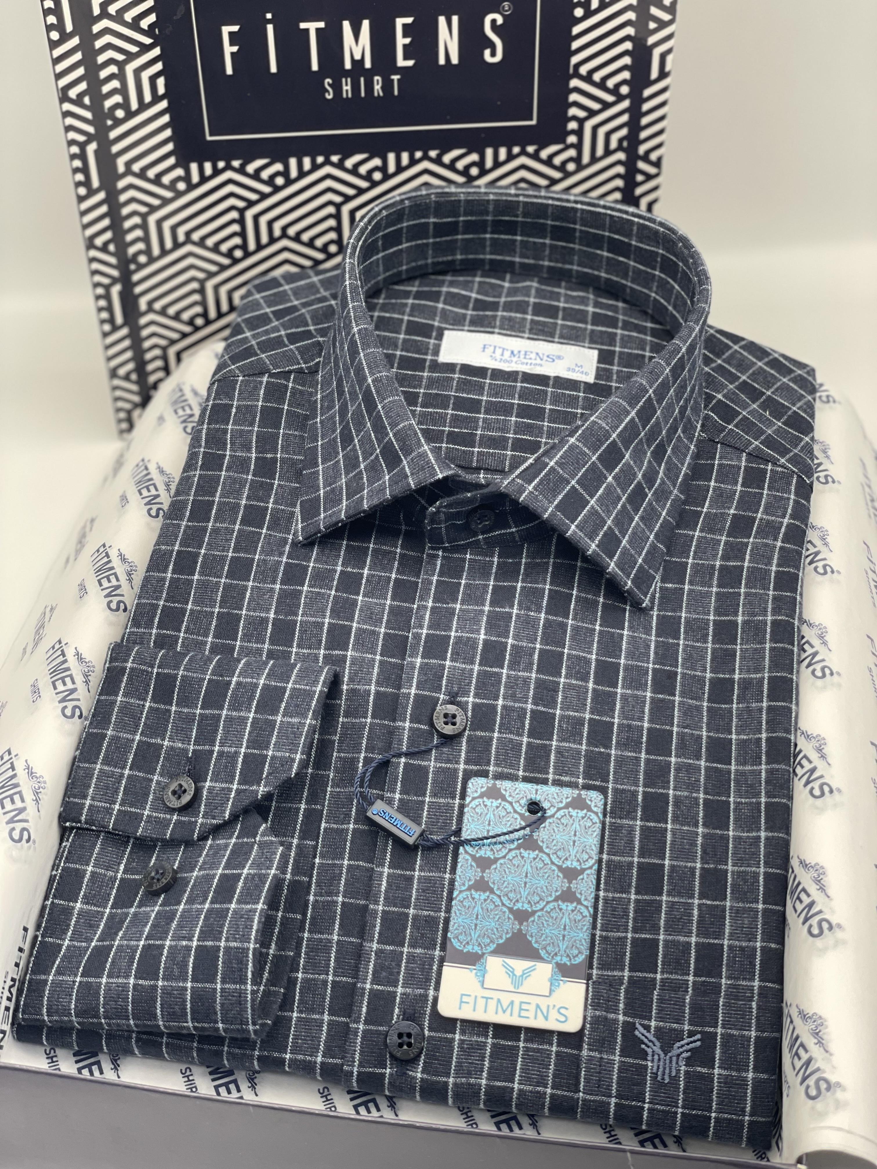 Klasik Uzun Kol %100 Cotton Kışlık Kareli Yaka Alttan Düğmeli Hediye Kutulu Erkek Gömlek FS-003134 - Lacivert