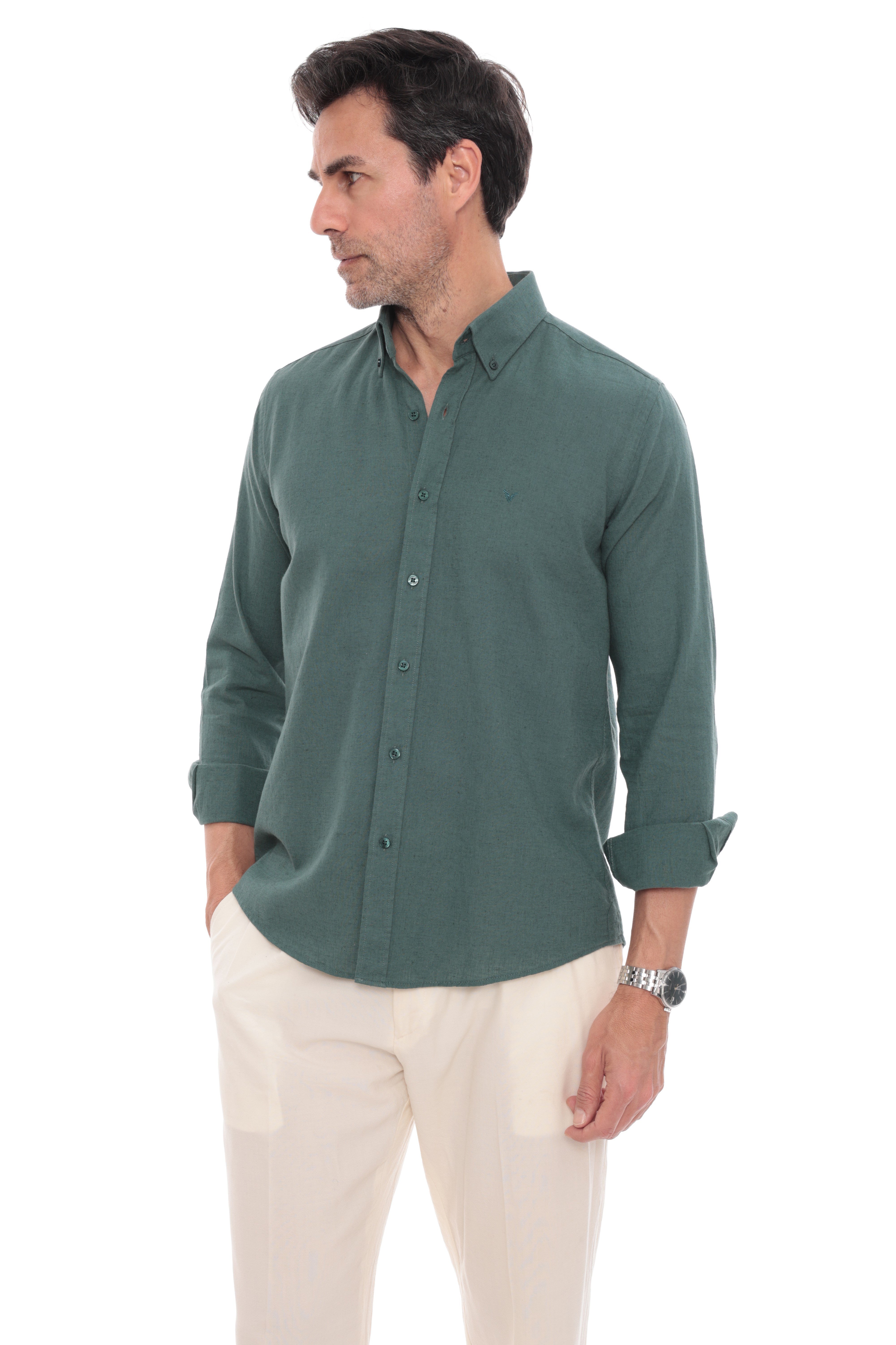 Slim Fit Uzun Kol Yaka Düğmeli Nefes Alan Keten Hediye Kutulu Erkek Gömlek FS-004548 - Koyu Yeşil