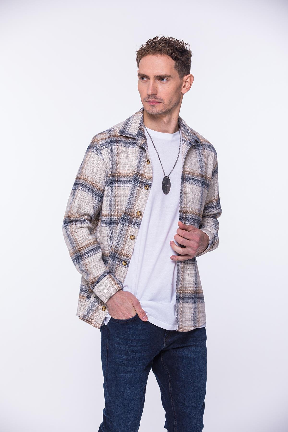 Oversize Oduncu Yumuşak Dokulu %100 Cotton Kareli Hediye Kutulu Erkek Gömlek FS-002202 - Bej