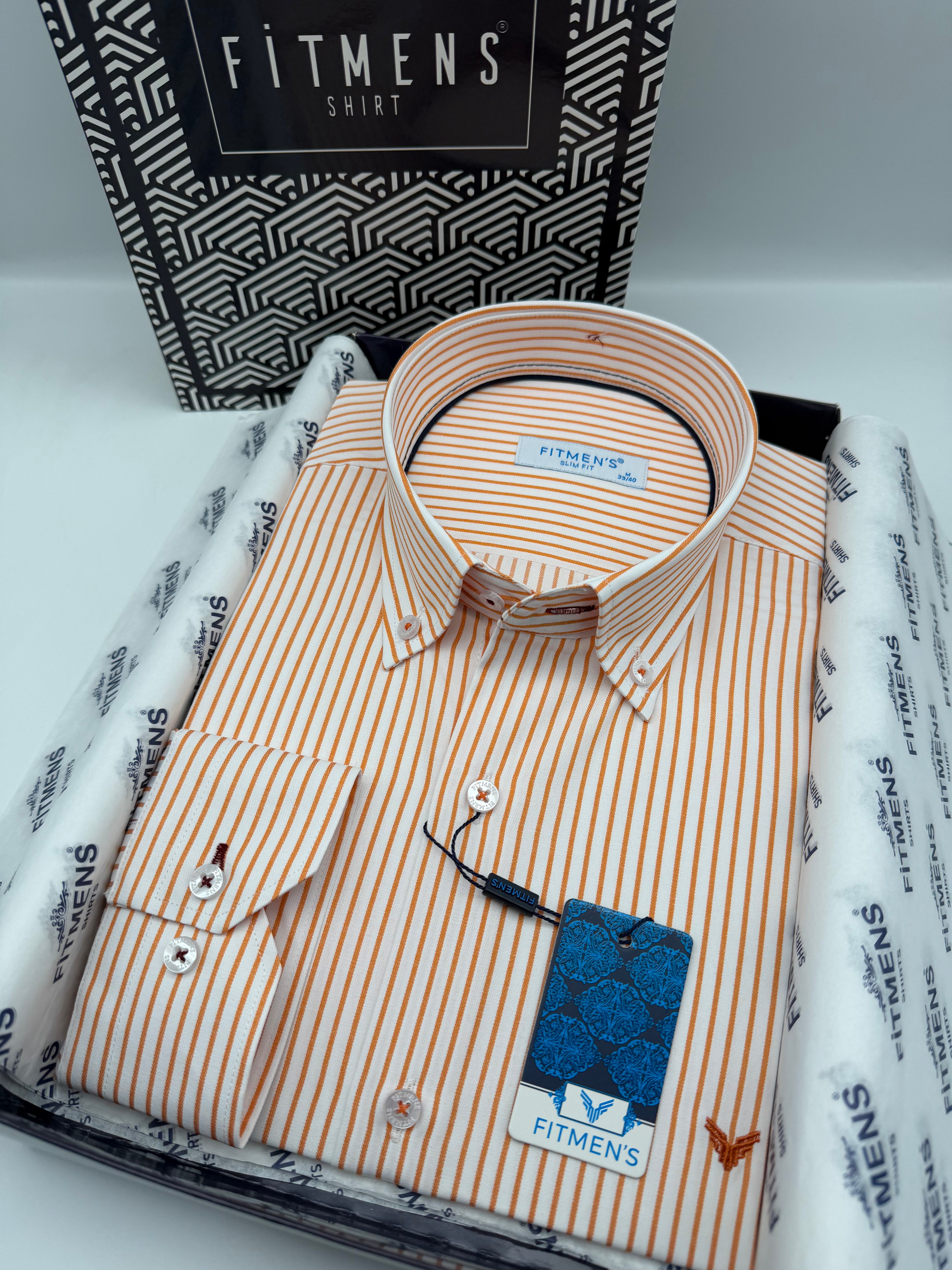 Slim Fit Uzun Kol Premium Çizgili Yaka Düğmeli Hediye Kutulu Erkek Gömlek FS-004440 - Oranj