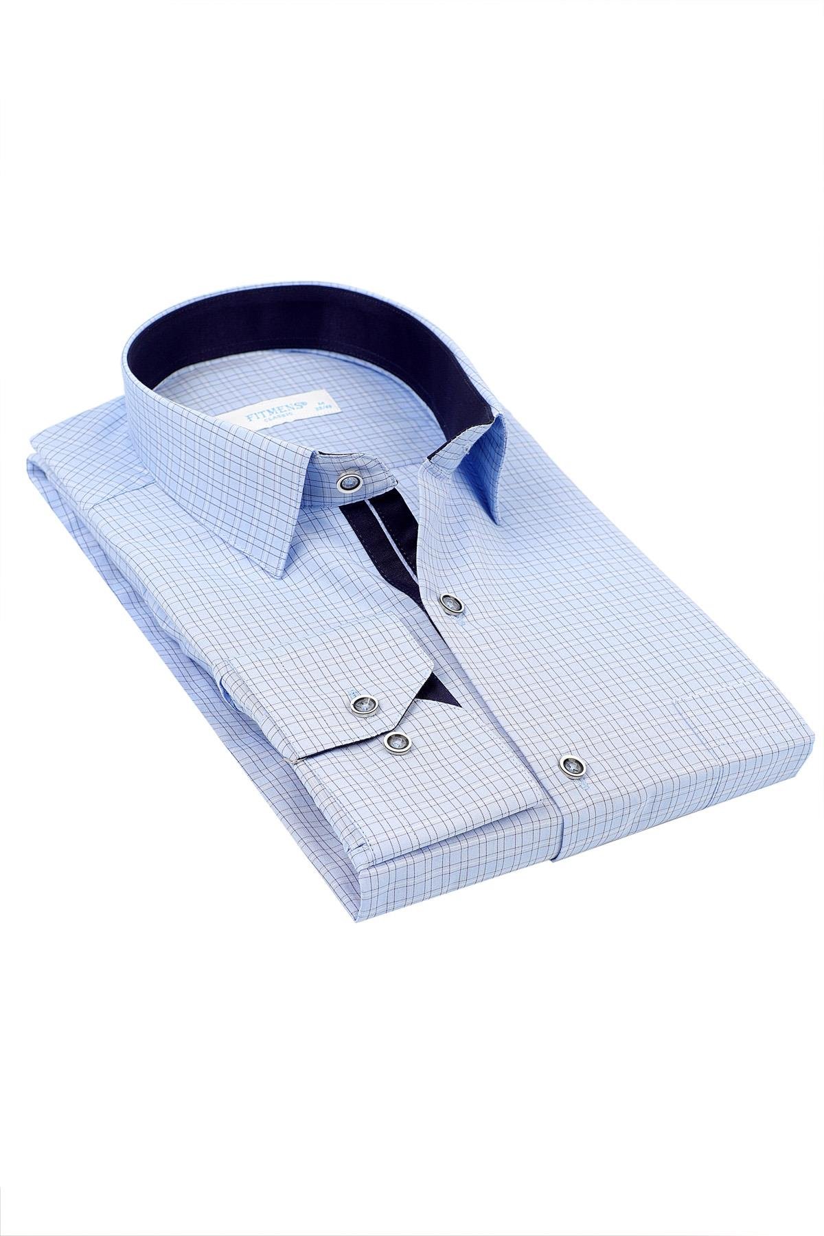 Klasik Uzun Kol Çift Çizgili Kareli Hediye Kutulu Erkek Gömlek FS-001262 - Mavi