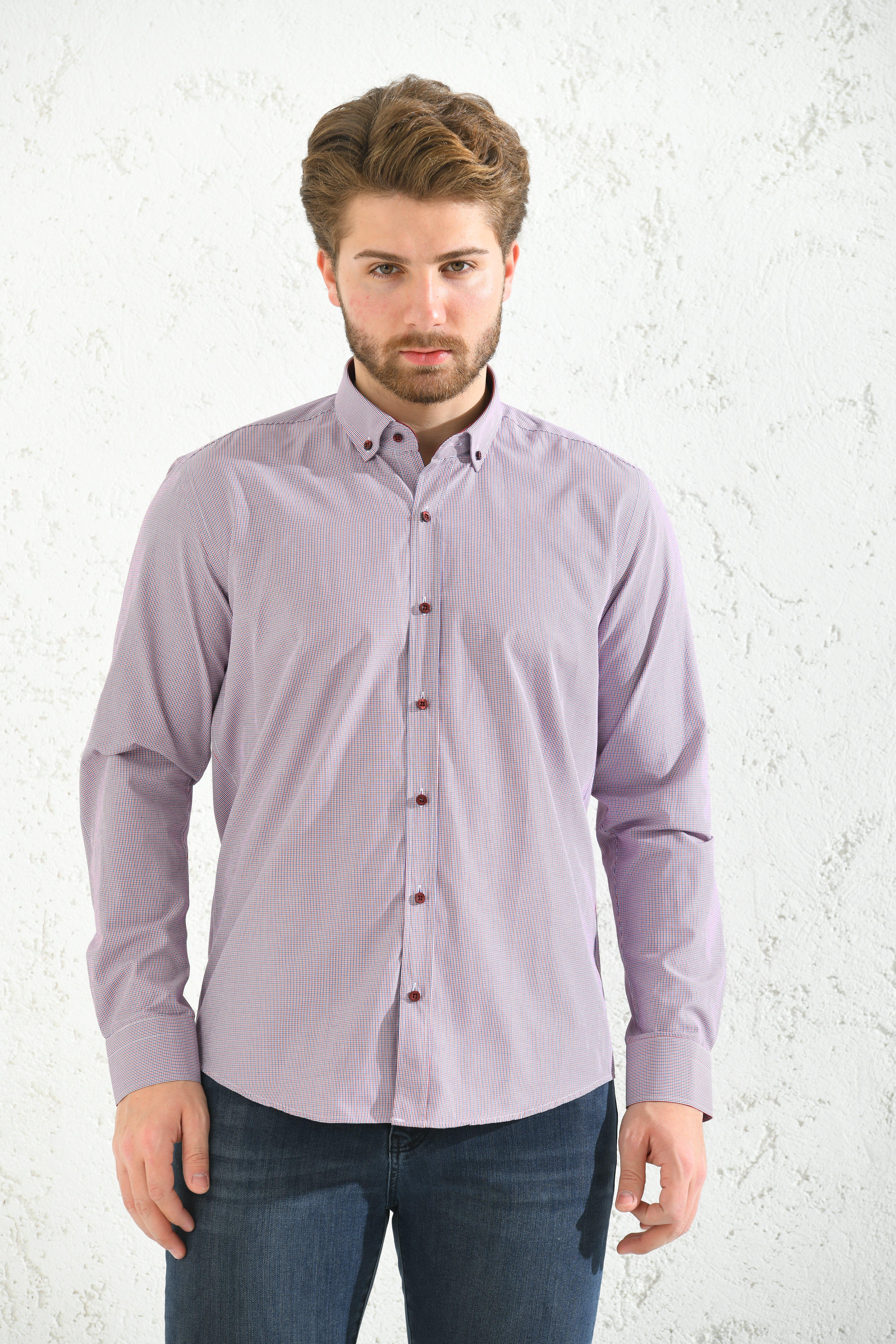 Slim Fit Uzun Kol Pöti Kareli Yaka Düğmeli Hediye Kutulu Erkek Gömlek FS-001373 - Bordo