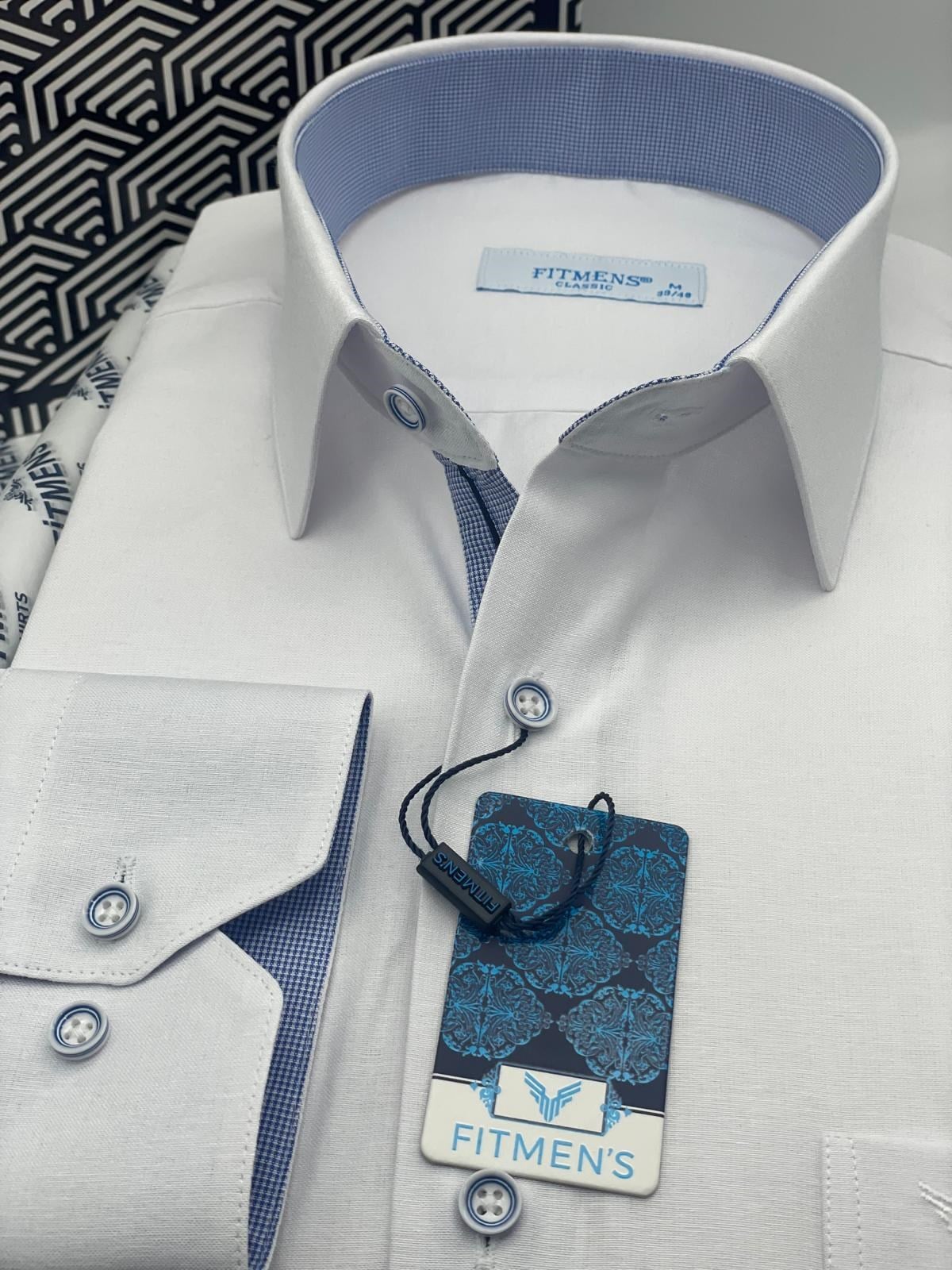 Klasik Uzun Kol Keten Cotton Hediye Kutulu Erkek Gömlek FS-001261 - Beyaz Açık Mavi