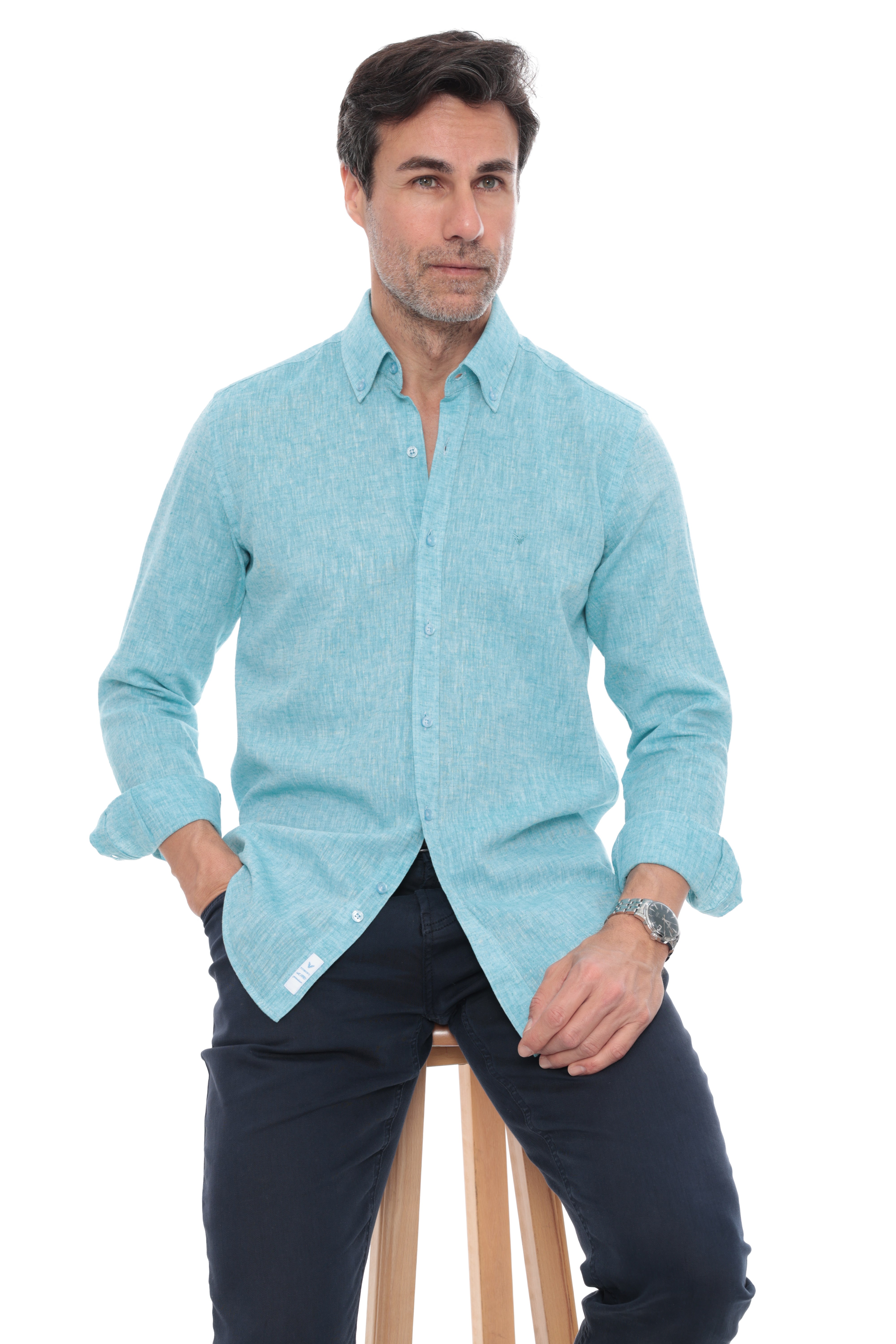 Slim Fit Uzun Kol Yaka Düğmeli Nefes Alan Keten Hediye Kutulu Erkek Gömlek FS-004548 - Koyu Mint