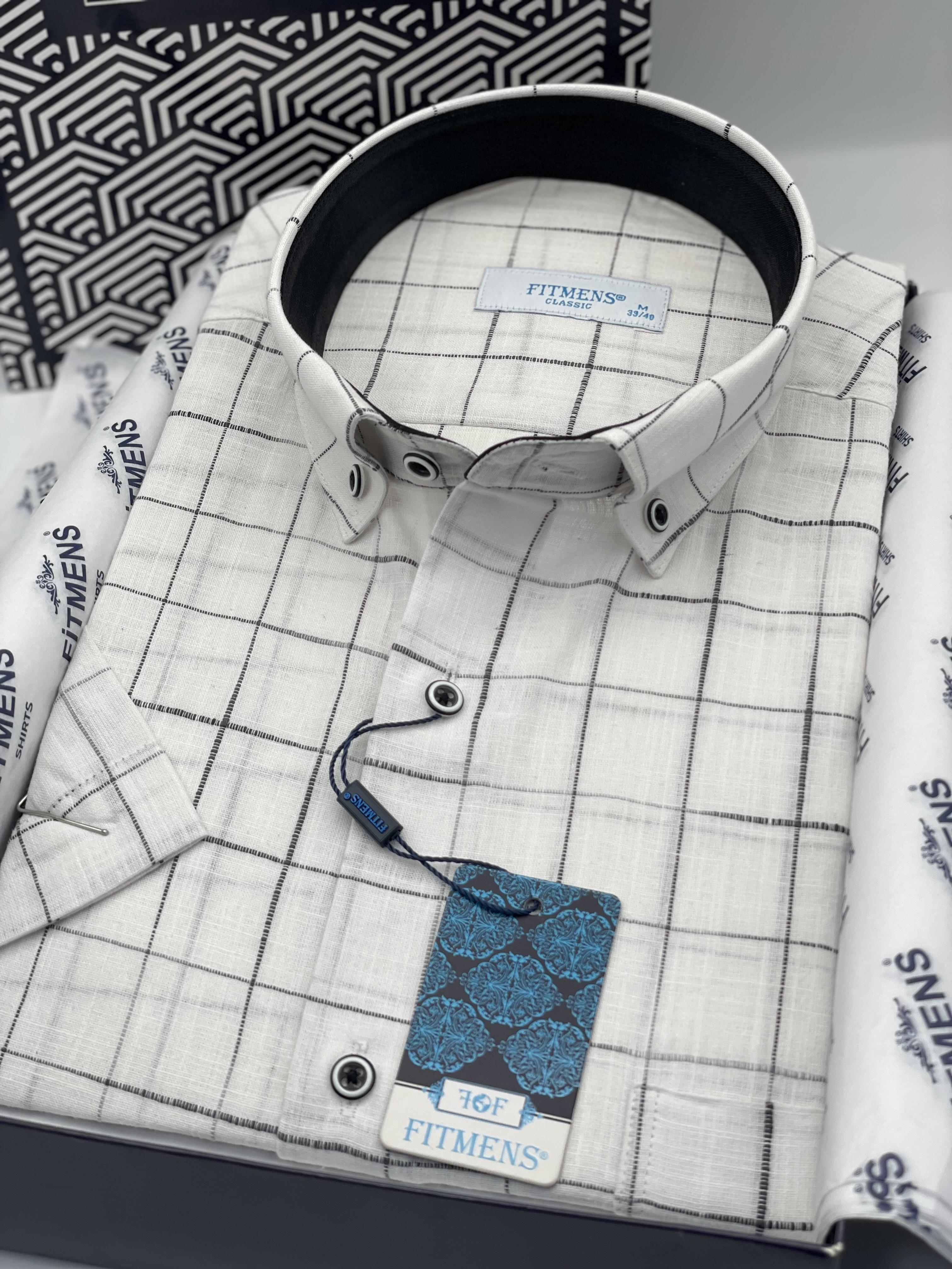 Klasik Kısa Kol Kareli Keten Cotton Yaka Düğmeli Hediye Kutulu Erkek Gömlek FS-003573 - Beyaz Siyah