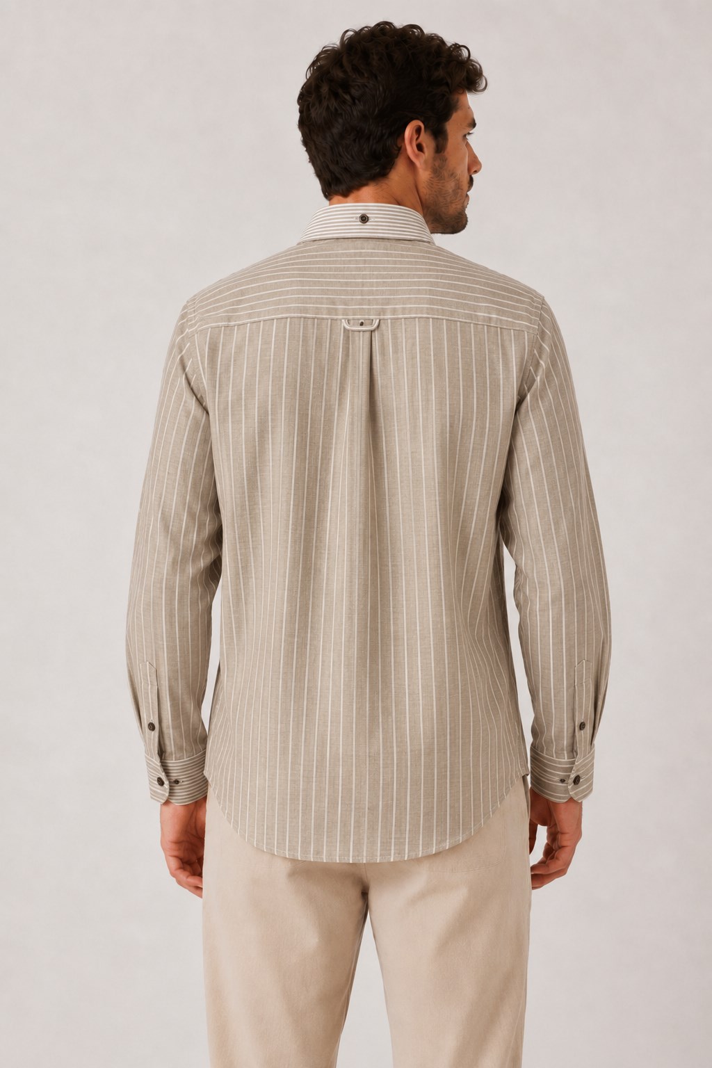 Slim Fit Uzun Kol Çift Desen Yaka Düğmeli Keten Likra Cepsiz Hediye Kutulu Erkek Gömlek FS-004578 - Bej