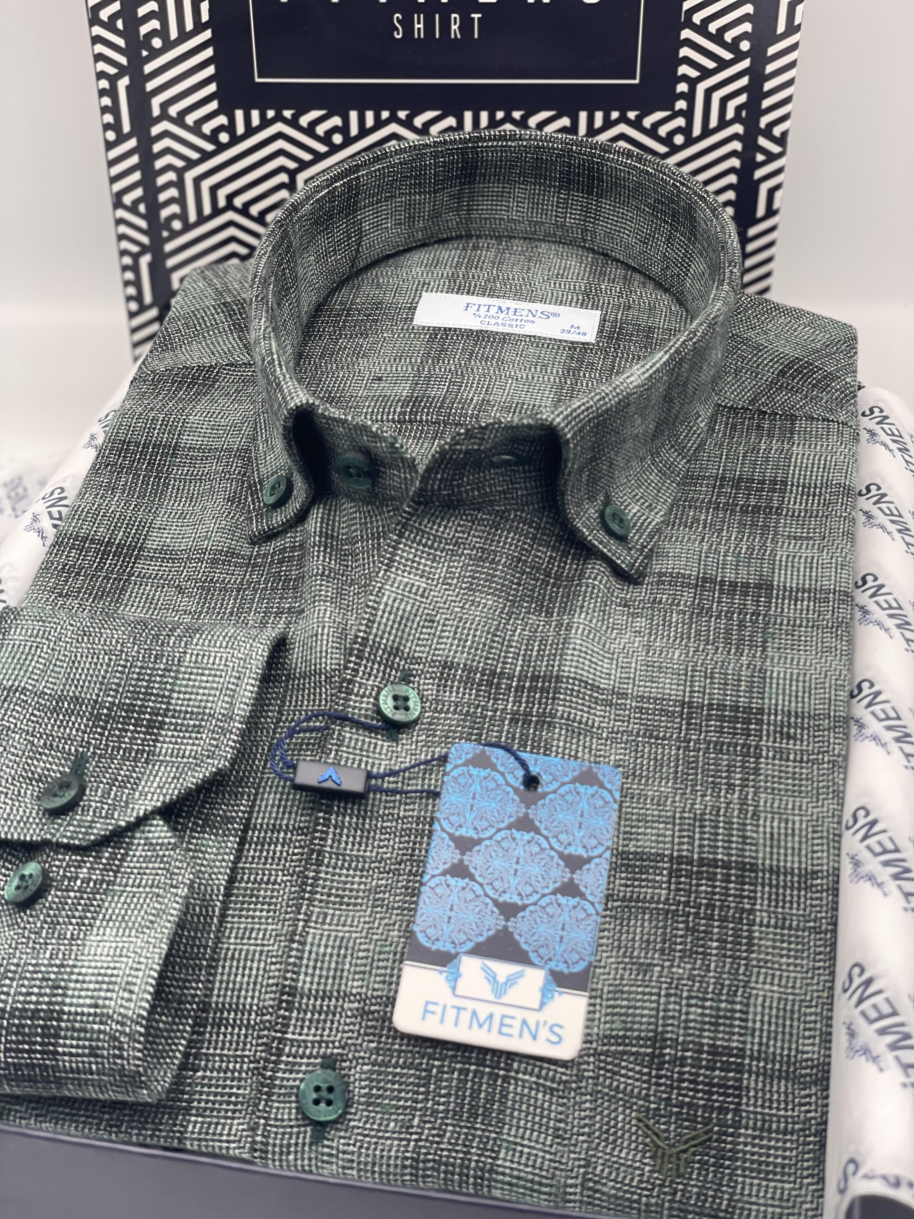 Klasik Uzun Kol Kışlık %100 Cotton Kareli Yaka Düğmeli Hediye Kutulu Erkek Gömlek FS-003135 - Yeşil