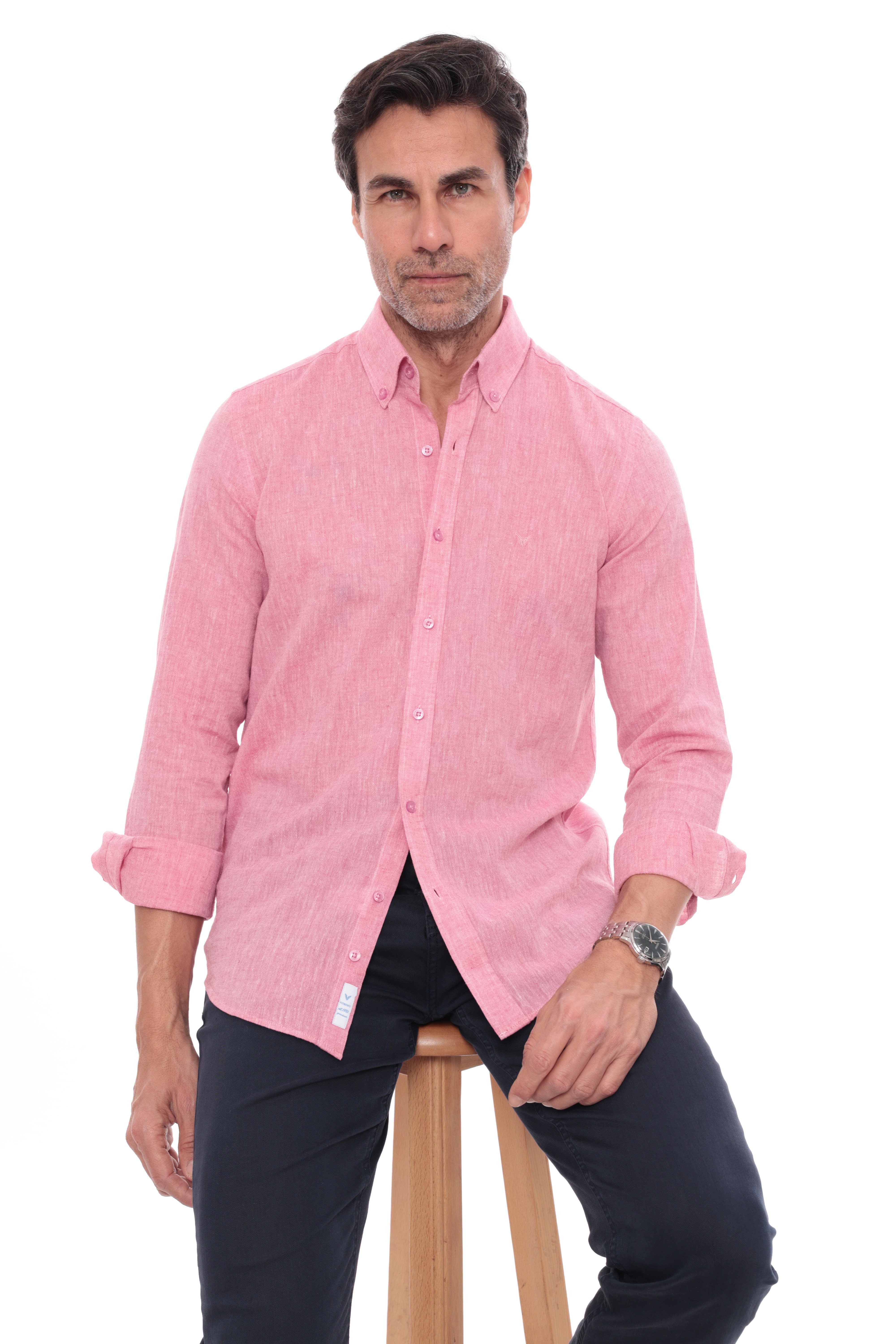 Slim Fit Uzun Kol Yaka Düğmeli Nefes Alan Keten Hediye Kutulu Erkek Gömlek FS-004548 - Yavruağzı
