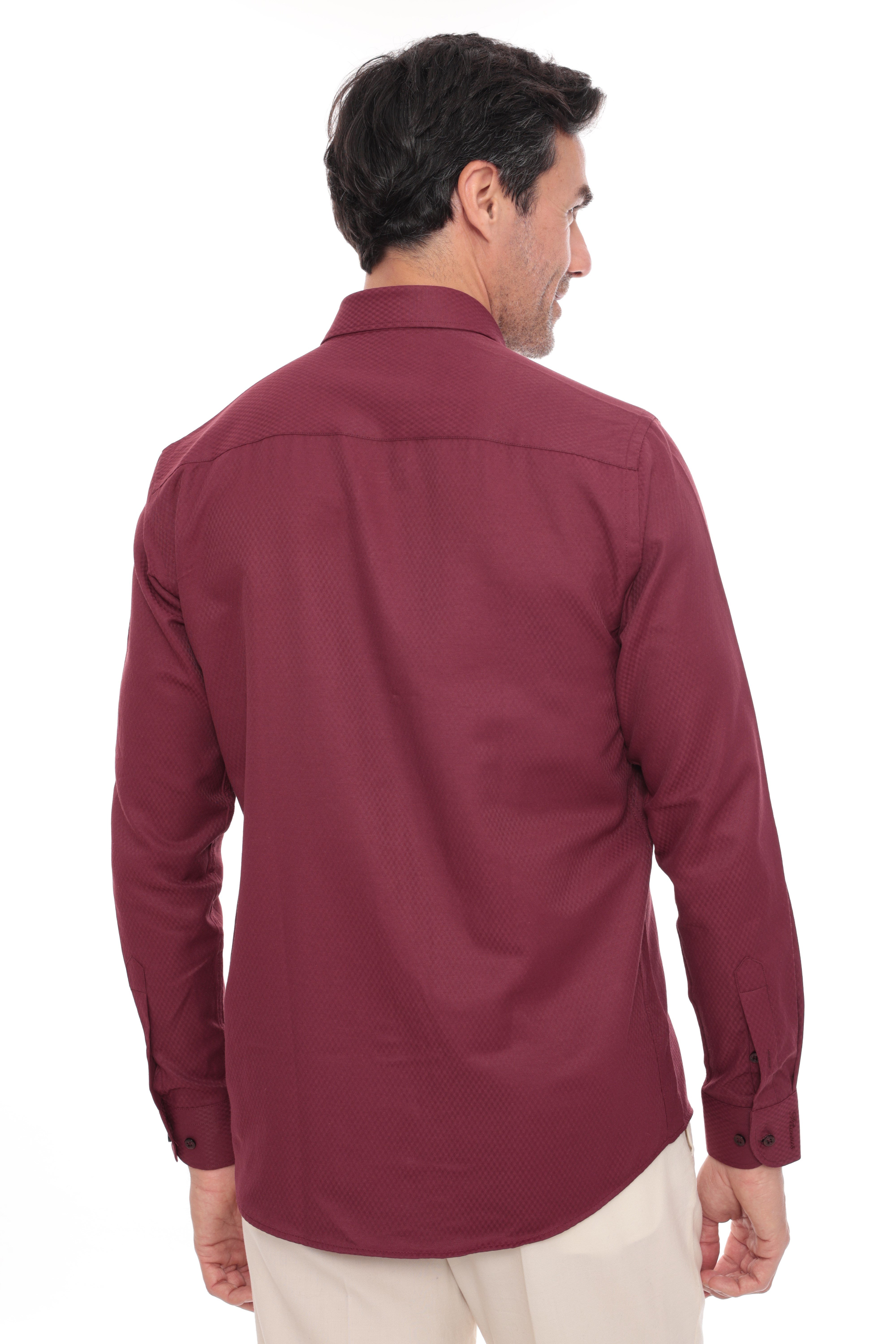 Slim Fit Uzun Kol Baklava Desen Kol Nakışlı Yaka Düğmeli Hediye Kutulu Şık Erkek Gömlek FS-004200 - Bordo
