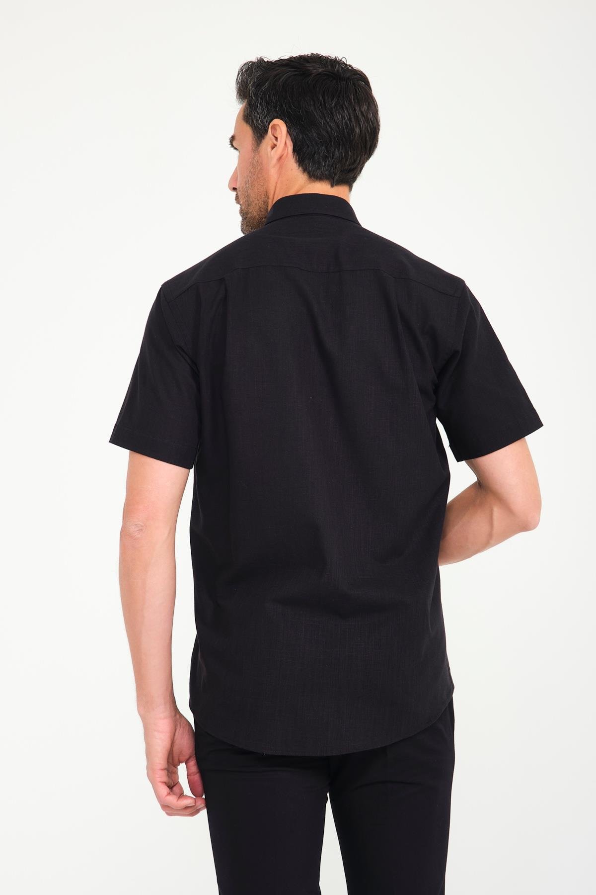 Klasik Kısa Kol Linen Keten Yaka Düğmeli Hediye Kutulu Erkek Gömlek FS-001202 - Siyah