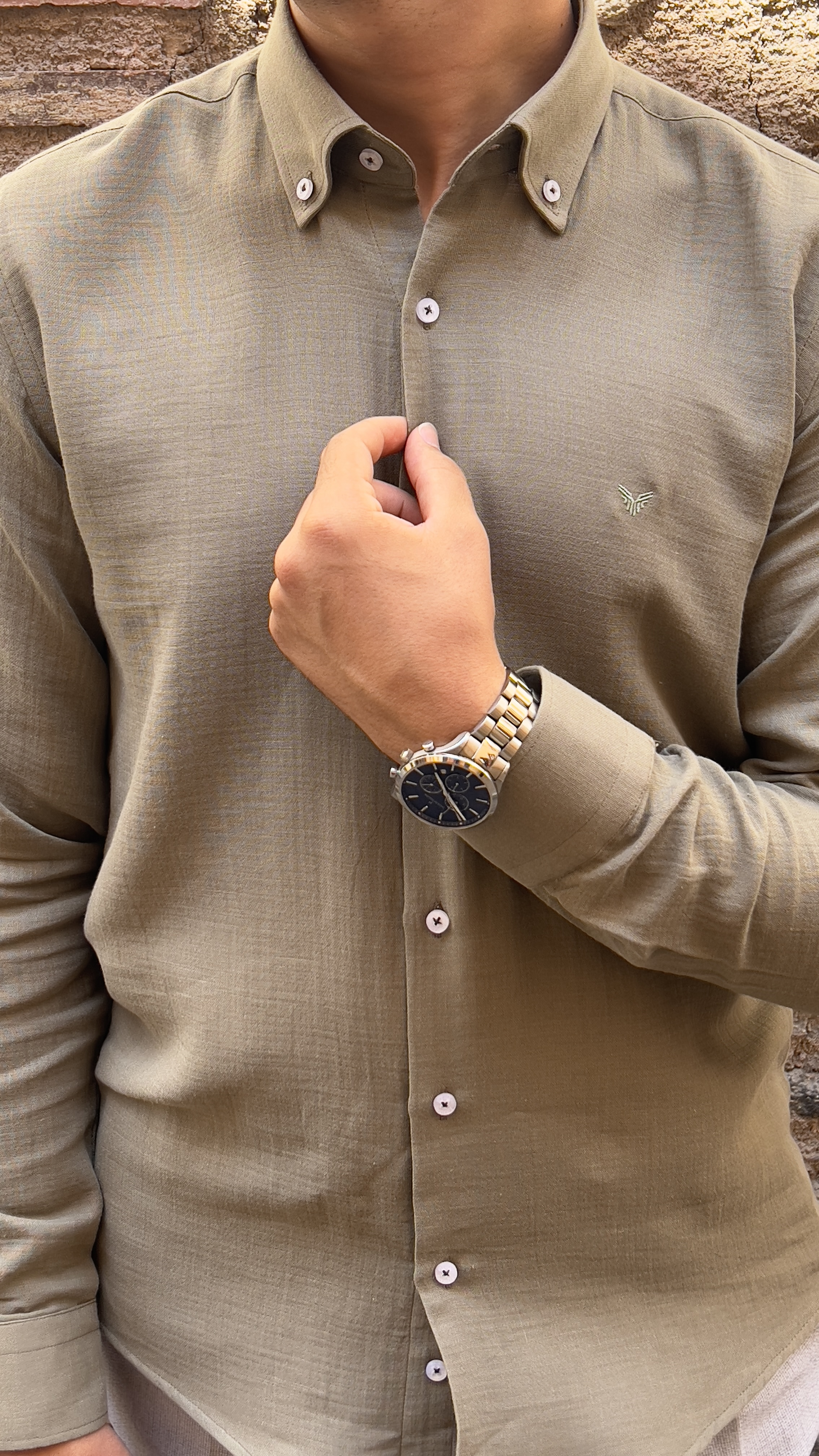 Slim Fit Uzun Kol Müslin Pamuk Rahat Nefes Alabilen Kumaştan Yaka Düğmeli Hediye Kutulu Erkek Gömlek FS-004202 - Haki