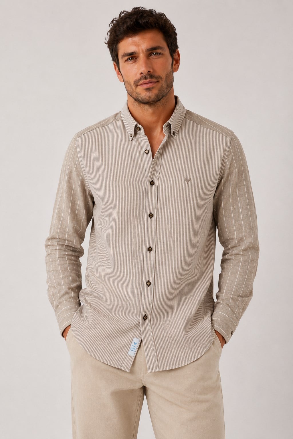 Slim Fit Uzun Kol Çift Desen Yaka Düğmeli Keten Likra Cepsiz Hediye Kutulu Erkek Gömlek FS-004578 - Bej