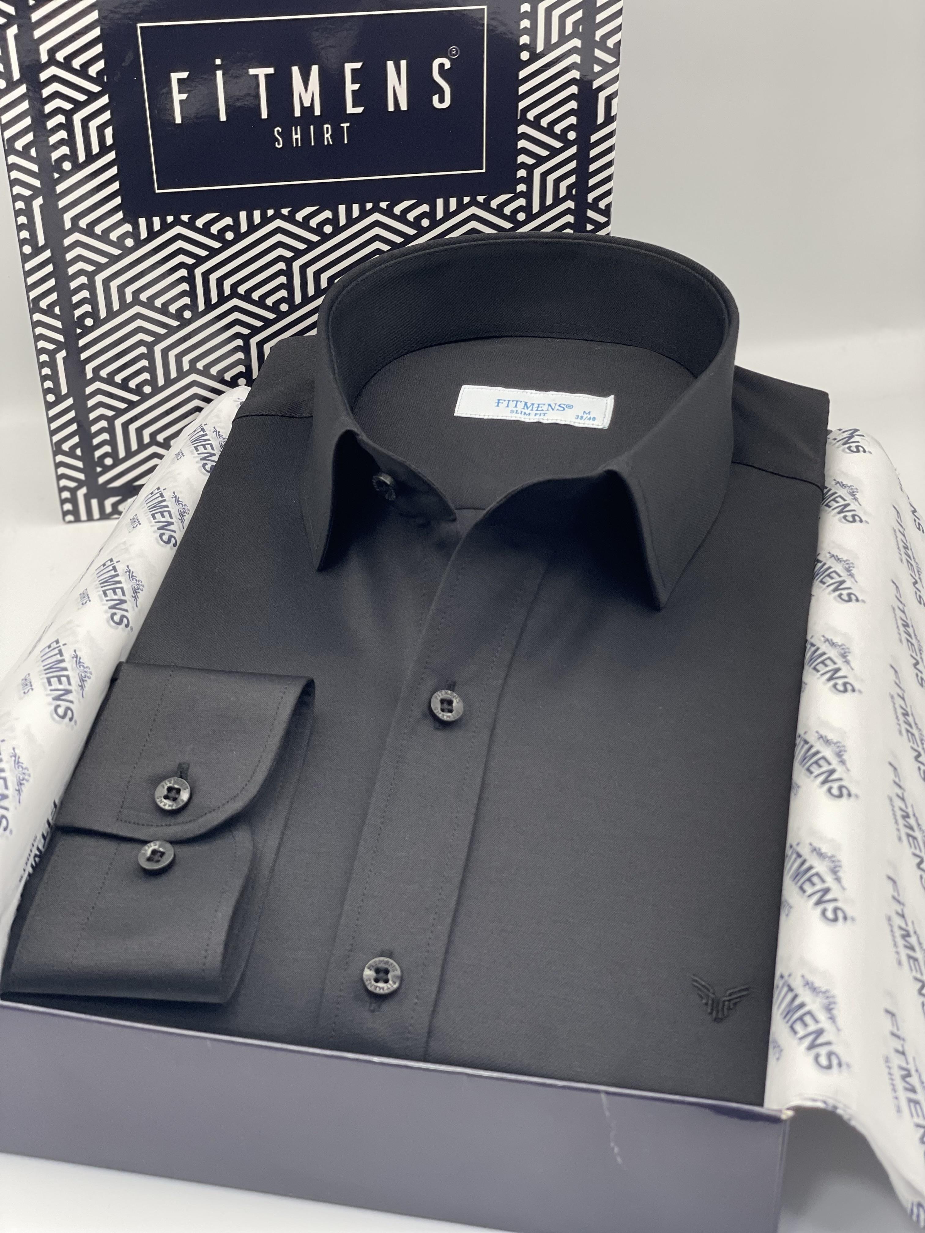 Slim Fit Uzun Kol Saten Hediye Kutulu Kolay Ütülenebilir Erkek Gömlek FS-002968 - Siyah