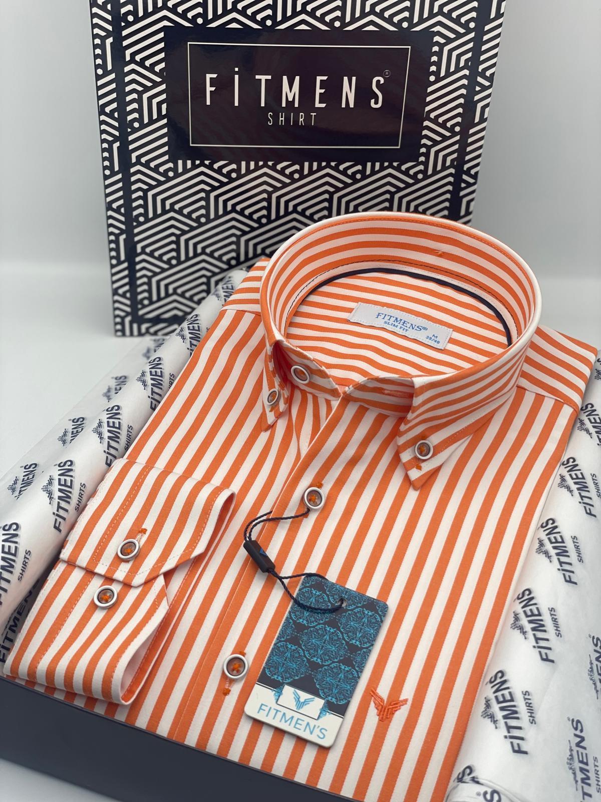 Slim Fit Uzun Kol Likralı Çizgili Yaka Düğmeli Hediye Kutulu Erkek Gömlek FS-003669 - Turuncu