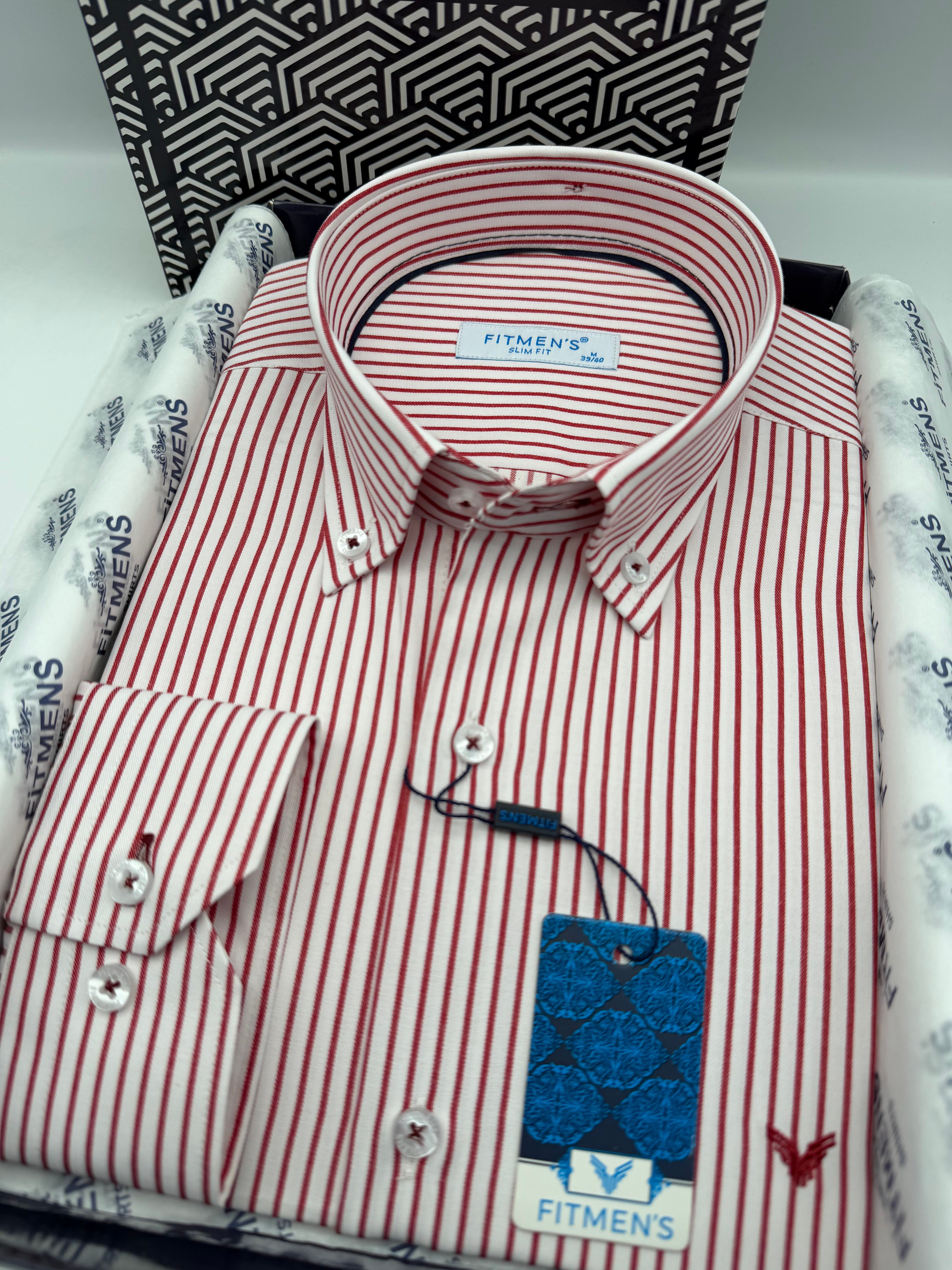 Slim Fit Uzun Kol Premium Çizgili Yaka Düğmeli Hediye Kutulu Erkek Gömlek FS-004440 - Bordo