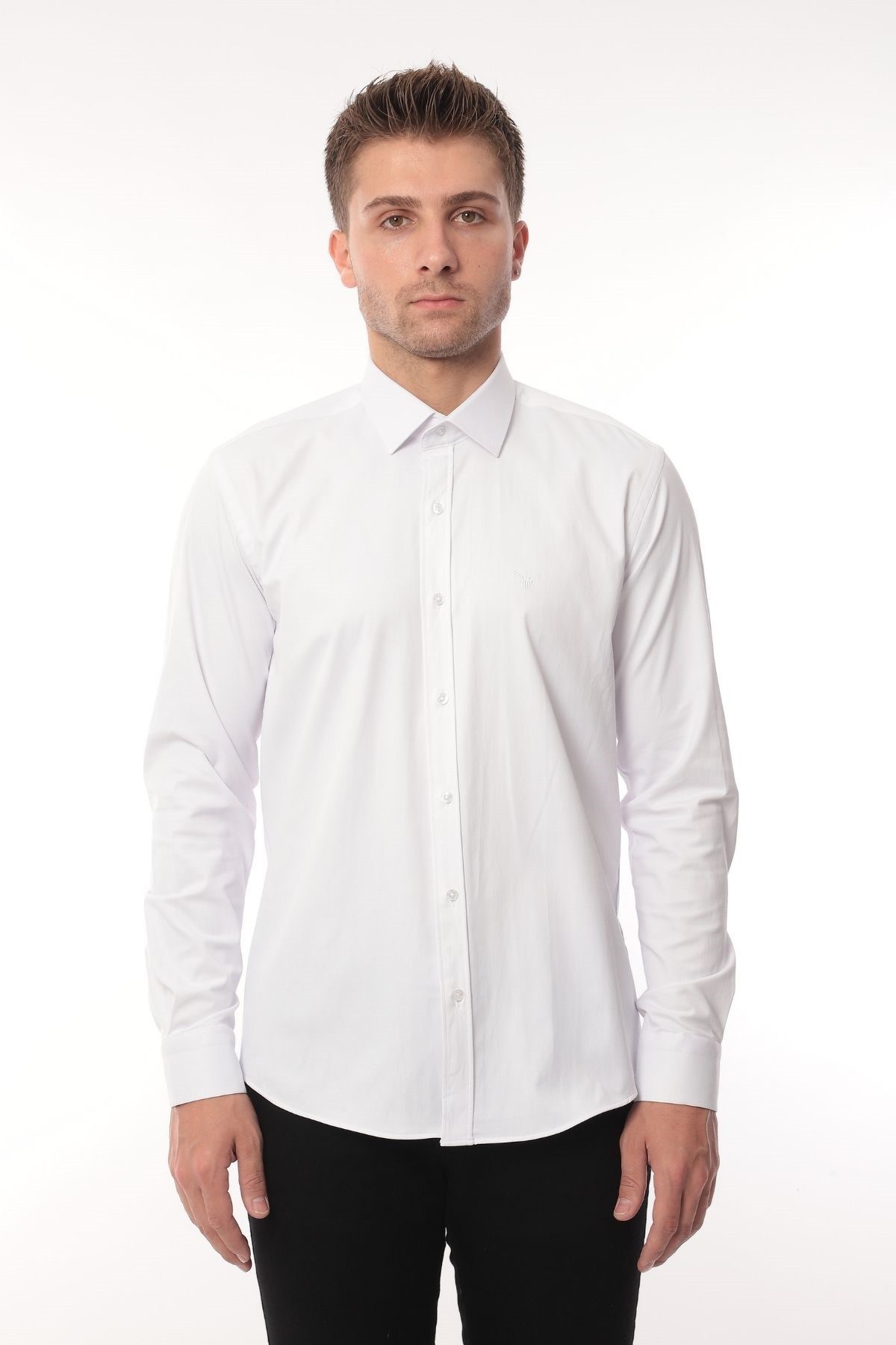 Slim Fit Uzun Kol Likralı Hediye Kutulu Kolay Ütülenebilir Erkek Gömlek FS-002969 - Beyaz