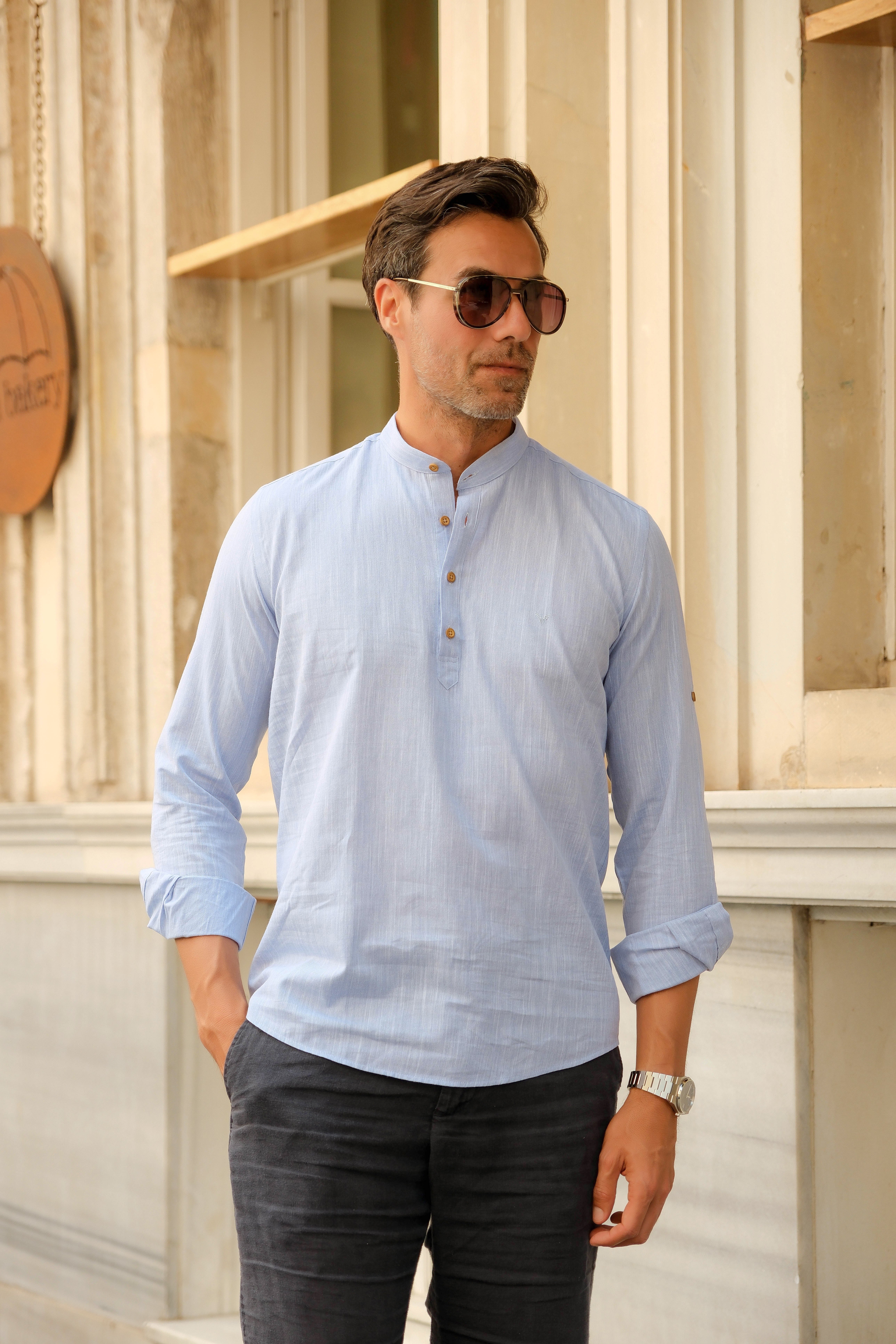 Slim Fit Uzun Kol Hakim Yaka Yarım Patlı Hediye Kutulu Erkek Gömlek FS-003687 - Açık Mavi