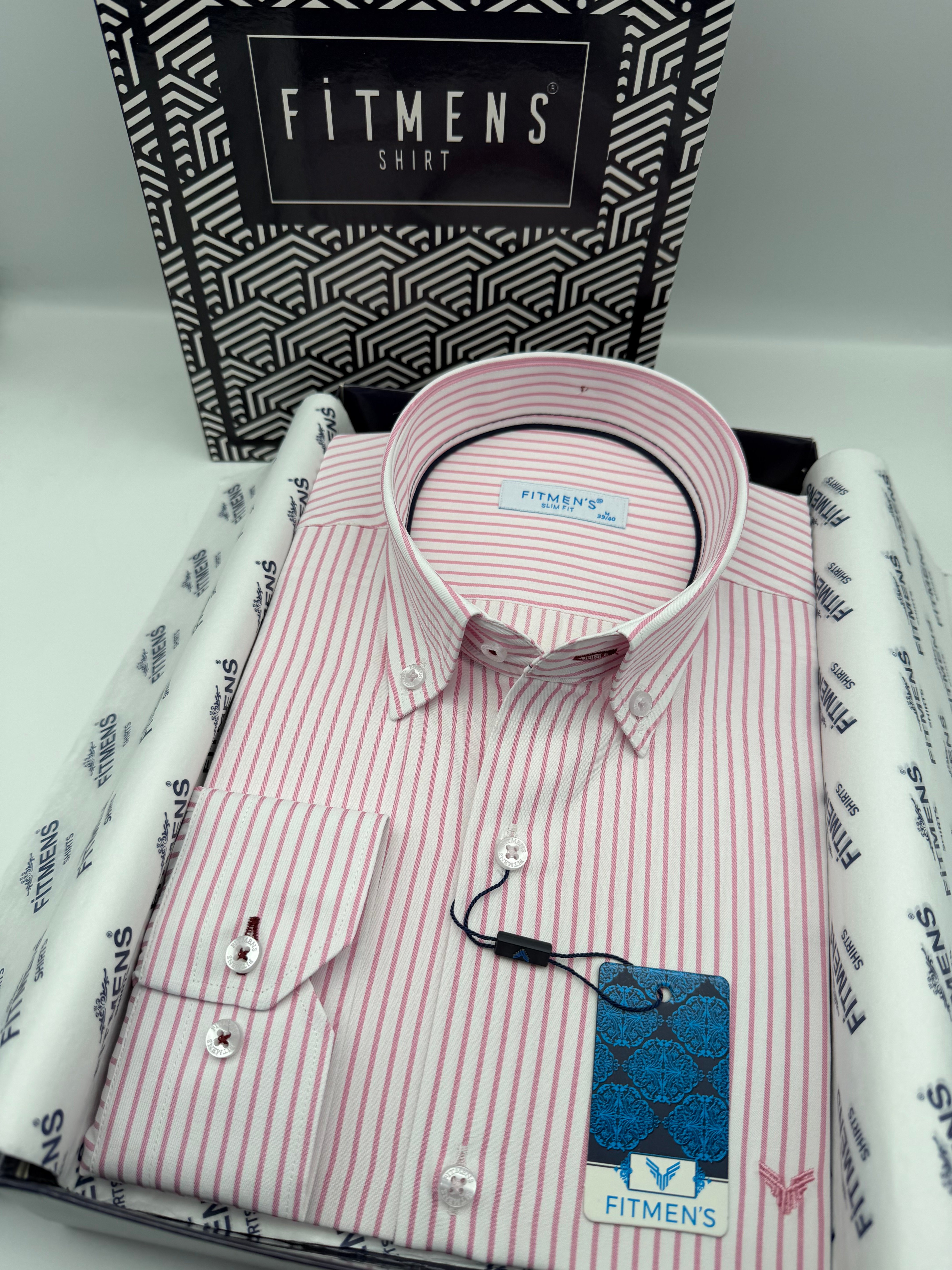 Slim Fit Uzun Kol Premium Çizgili Yaka Düğmeli Hediye Kutulu Erkek Gömlek FS-004440 - Pembe