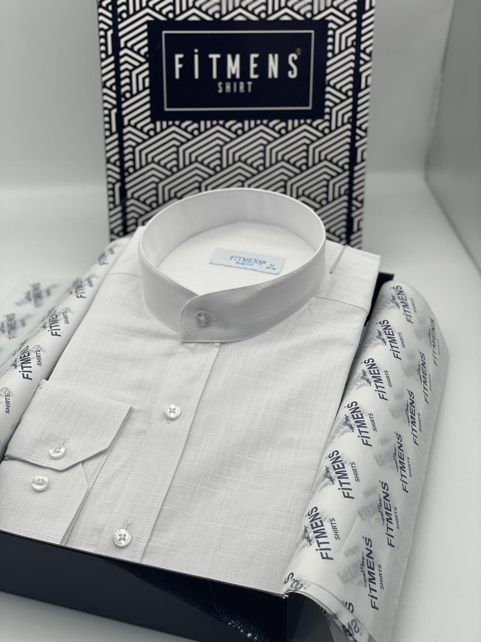 Hakim Yaka Slim Fit Keten Hediye Kutulu Erkek Gömlek FS-003042 - Beyaz