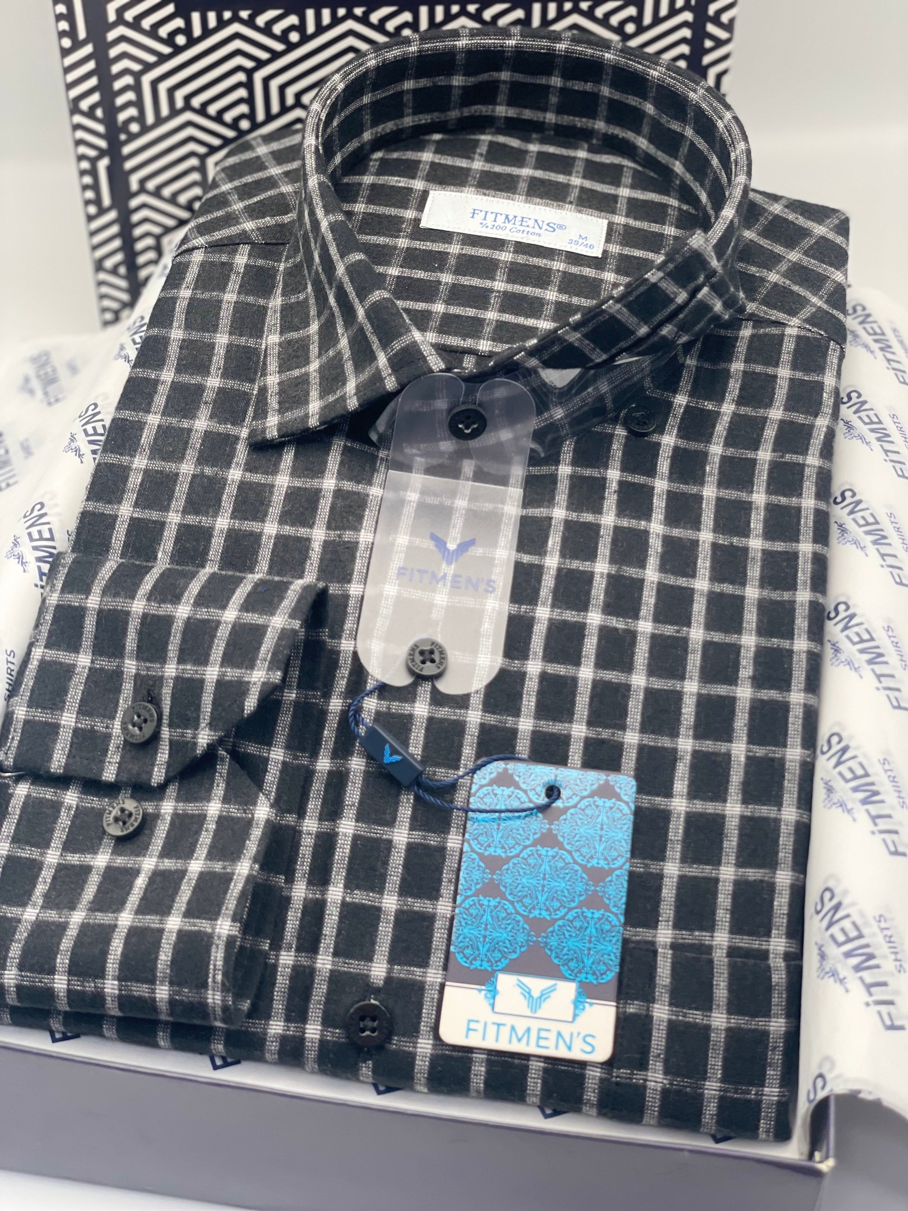 Klasik Uzun Kol Kışlık Kareli %100 Cotton Yaka Alttan Düğmeli Hediye Kutulu Erkek Gömlek FS-003129 - Siyah