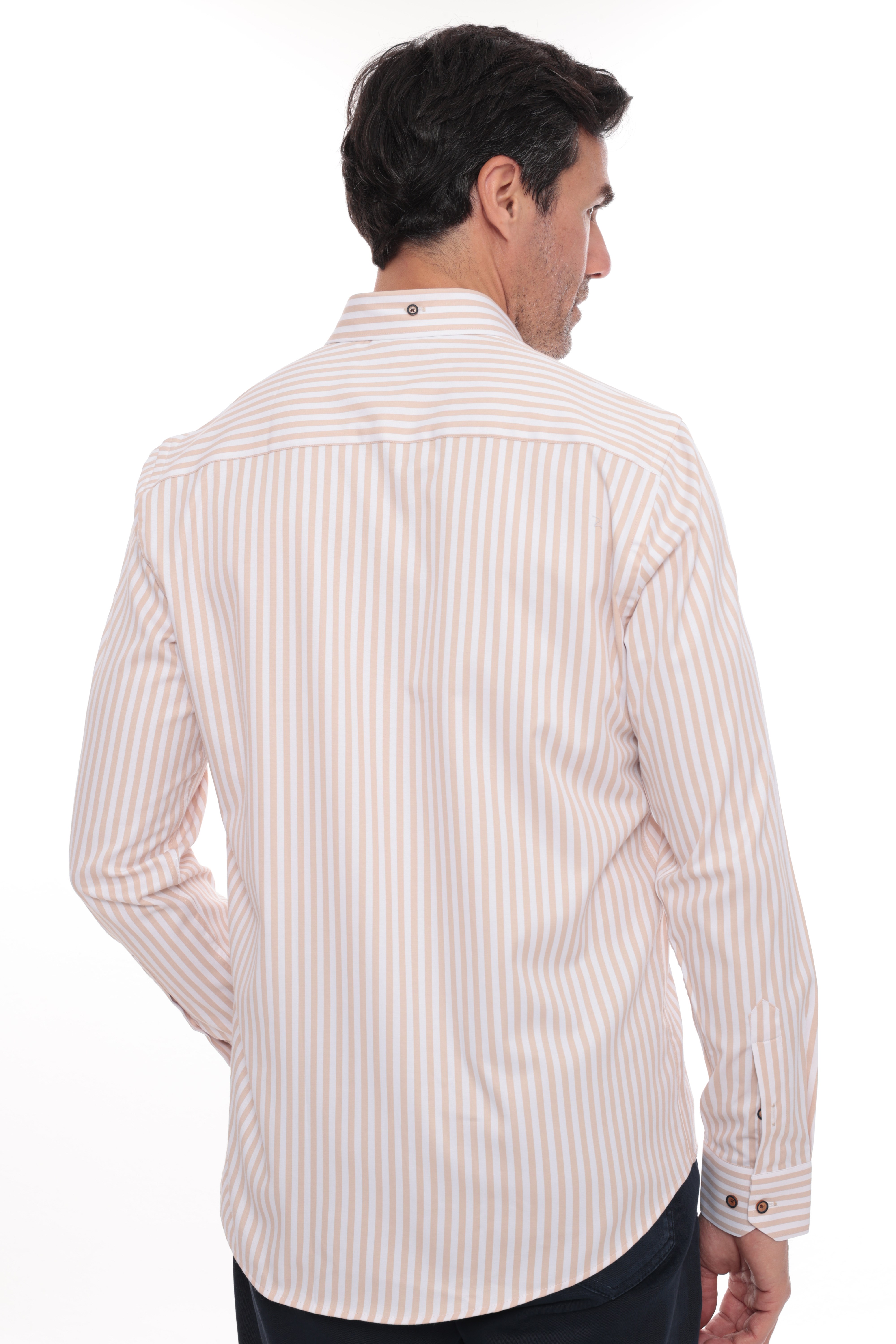 Slim Fit Uzun Kol Likralı Çizgili Yaka Düğmeli Hediye Kutulu Erkek Gömlek FS-003669 - Bej