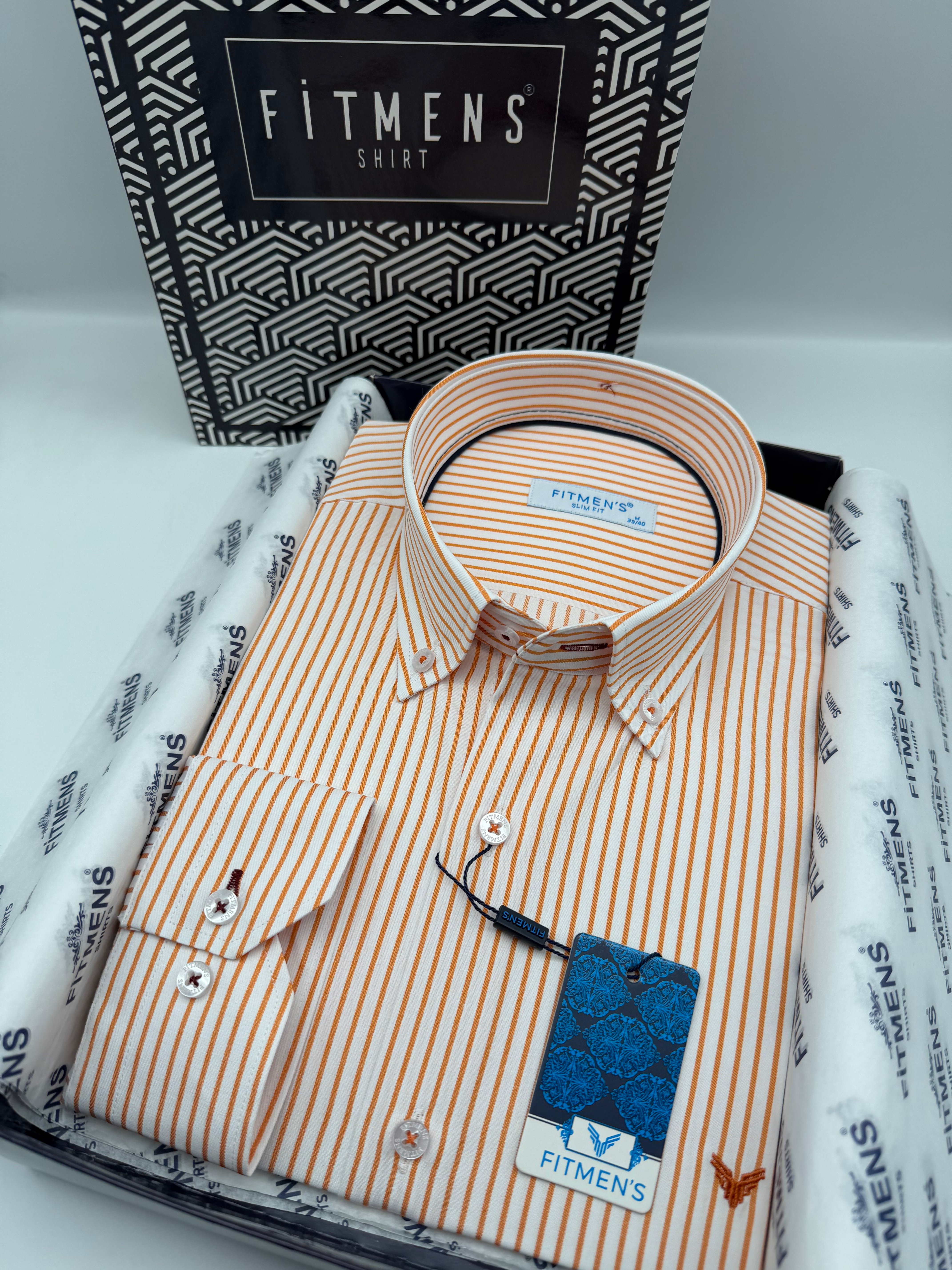 Slim Fit Uzun Kol Premium Çizgili Yaka Düğmeli Hediye Kutulu Erkek Gömlek FS-004440 - Oranj