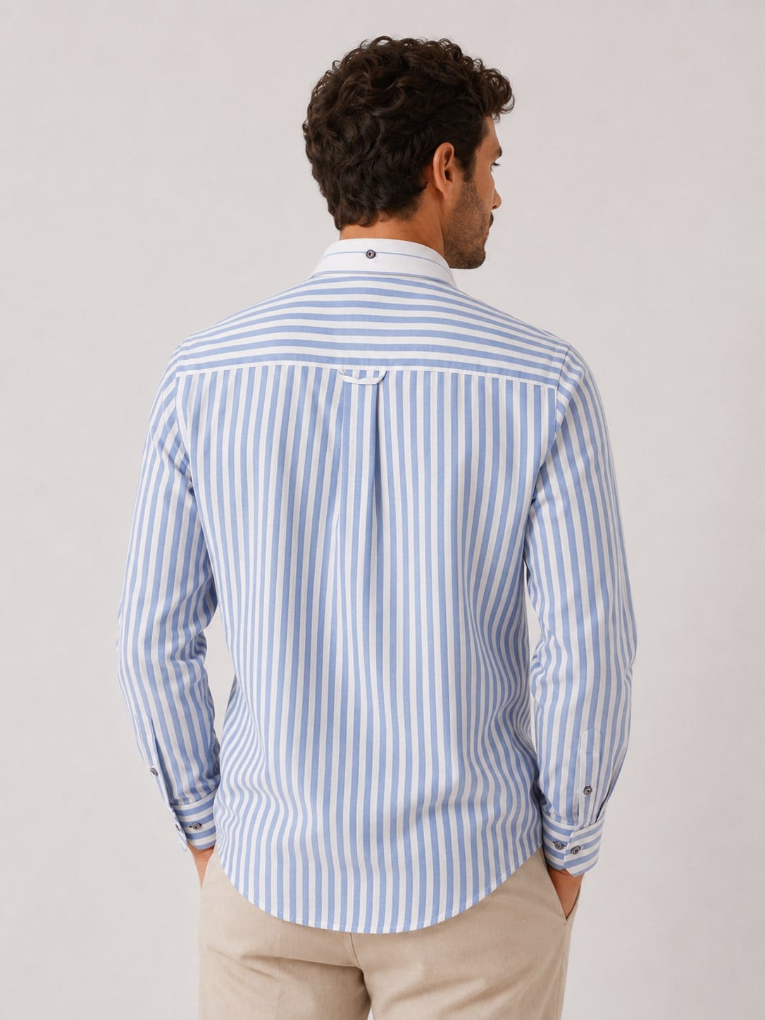 Slim Fit Uzun Kol Keten Likra Çift Desen Cepsiz Hediye Kutulu Erkek Gömlek FS-004577 - Açık Mavi
