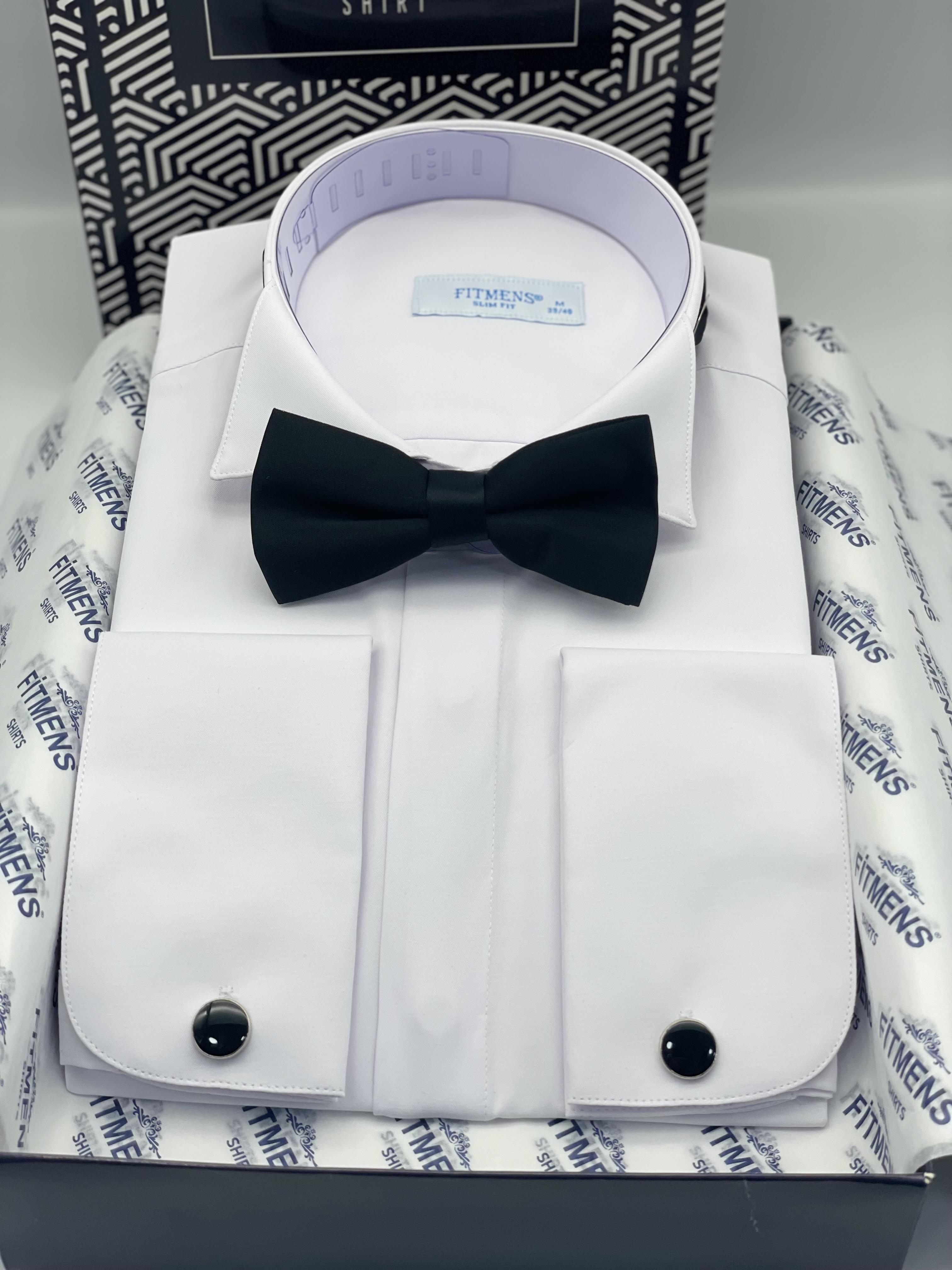 Slim Fit Uzun Kol Ata Yaka Gizli Düğmeli Smokin Damatlık Erkek Gömlek FS-004297 - Beyaz