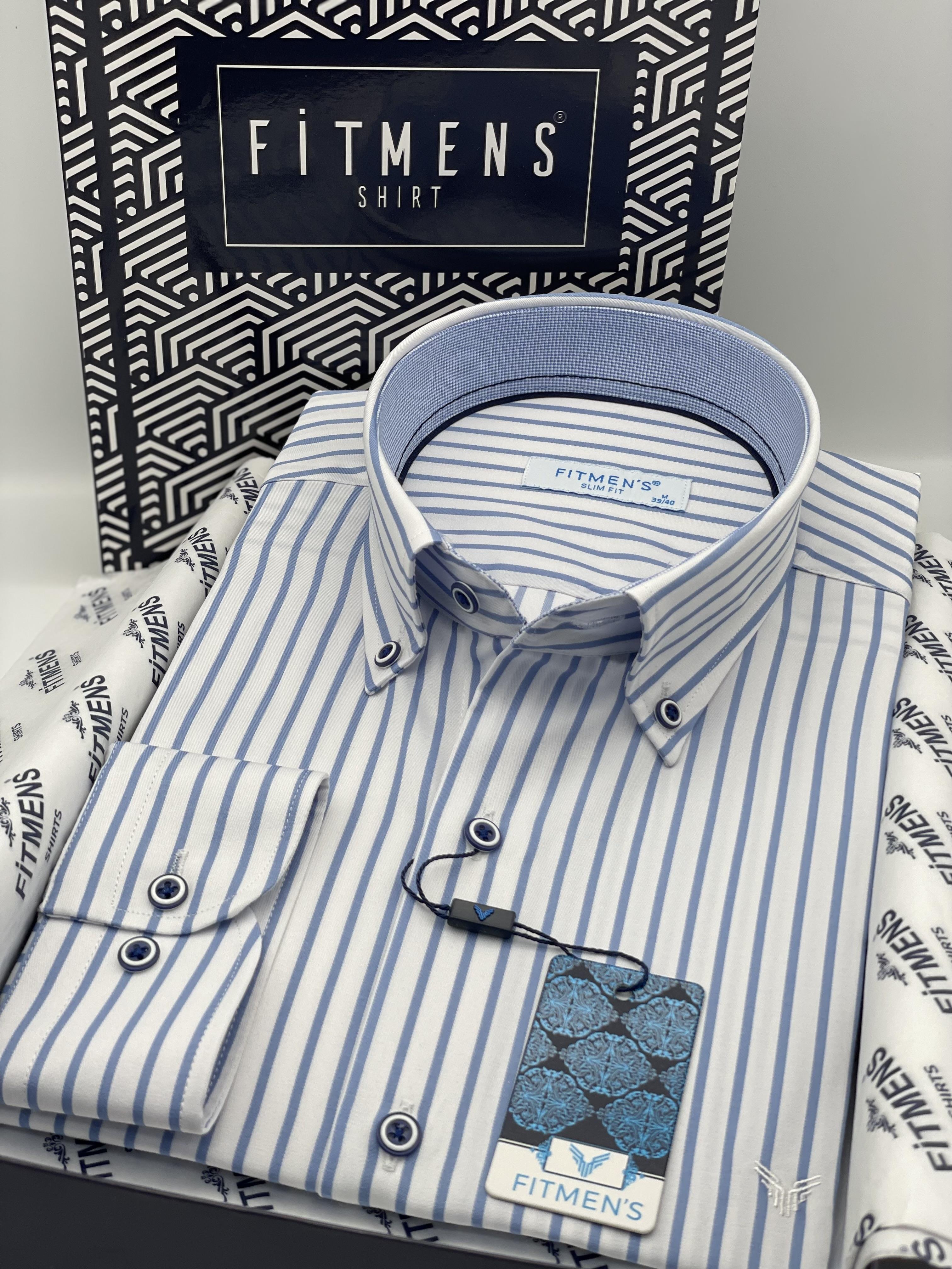 Slim Fit Uzun Kol Premium Kalın Çizgili Yaka Düğmeli Hediye Kutulu Kolay Ütülenebilir Erkek Gömlek FS-001375 - Beyaz Açık Mavi