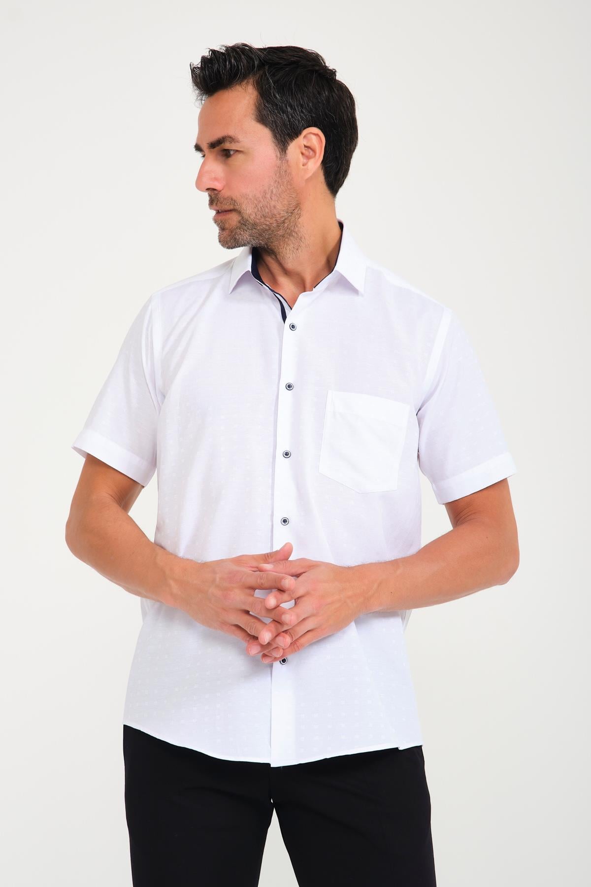 Klasik Kısa Kol Açık Zemin Kutu Desen Keten Cotton Hediye Kutulu Erkek Gömlek FS-000745 - Beyaz Lacivert