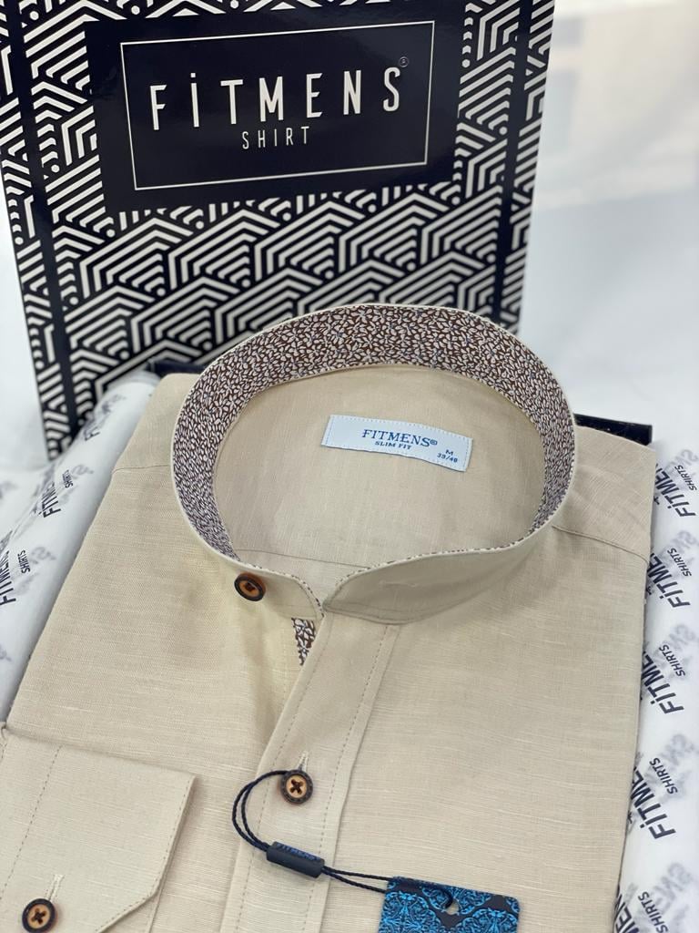 Hakim Yaka Slim Fit Keten Hediye Kutulu Erkek Gömlek FS-003042 - Bej
